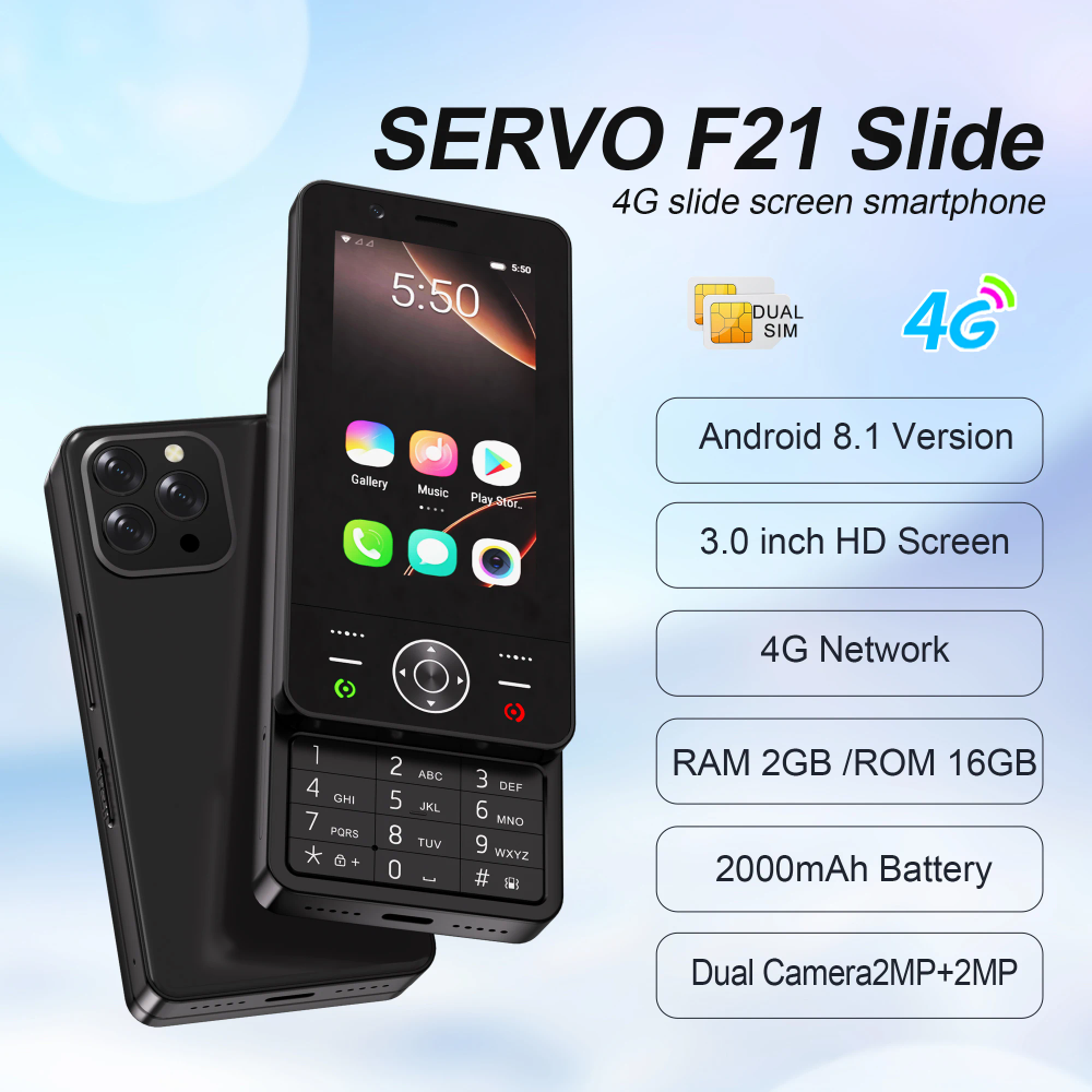 SERVO Android Slide Smart Mobile Phone 4G Dual SM Card Play Store 2GB+16GB WiFi Hotspot FM 3.0" Touch Screen Sliding Smartphones