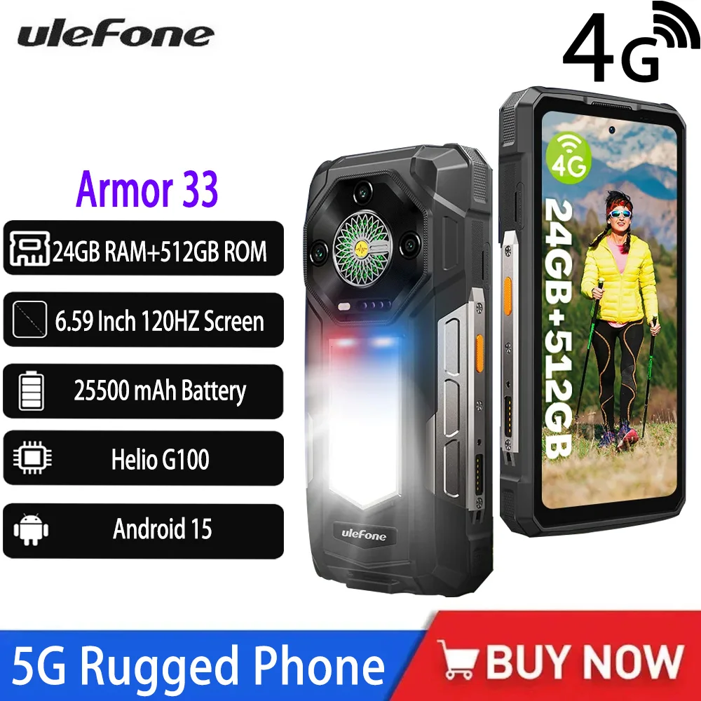 Global Version Ulefone Armor 33 4G Rugged Phone 25500 MAh 512GB ROM 24GB RAM 120Hz 6.59 " NFC Helio G100 Android 15 Smartphone