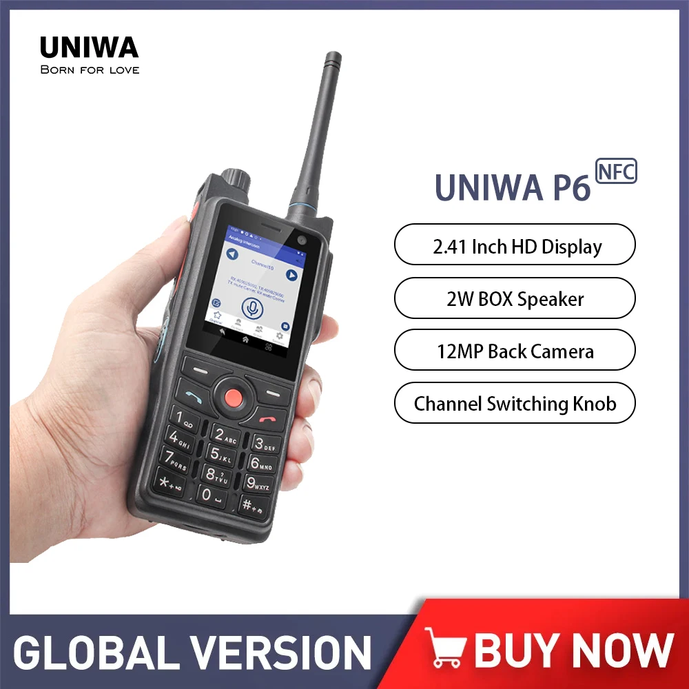 UNIWA P6 4W DMR/Analog Dual Mode Walkie Talkie 2.41" Touch Screen 3GB+32GB IP68 Rugged Smartphone Android 9 2500mAh PTT SOS NFC
