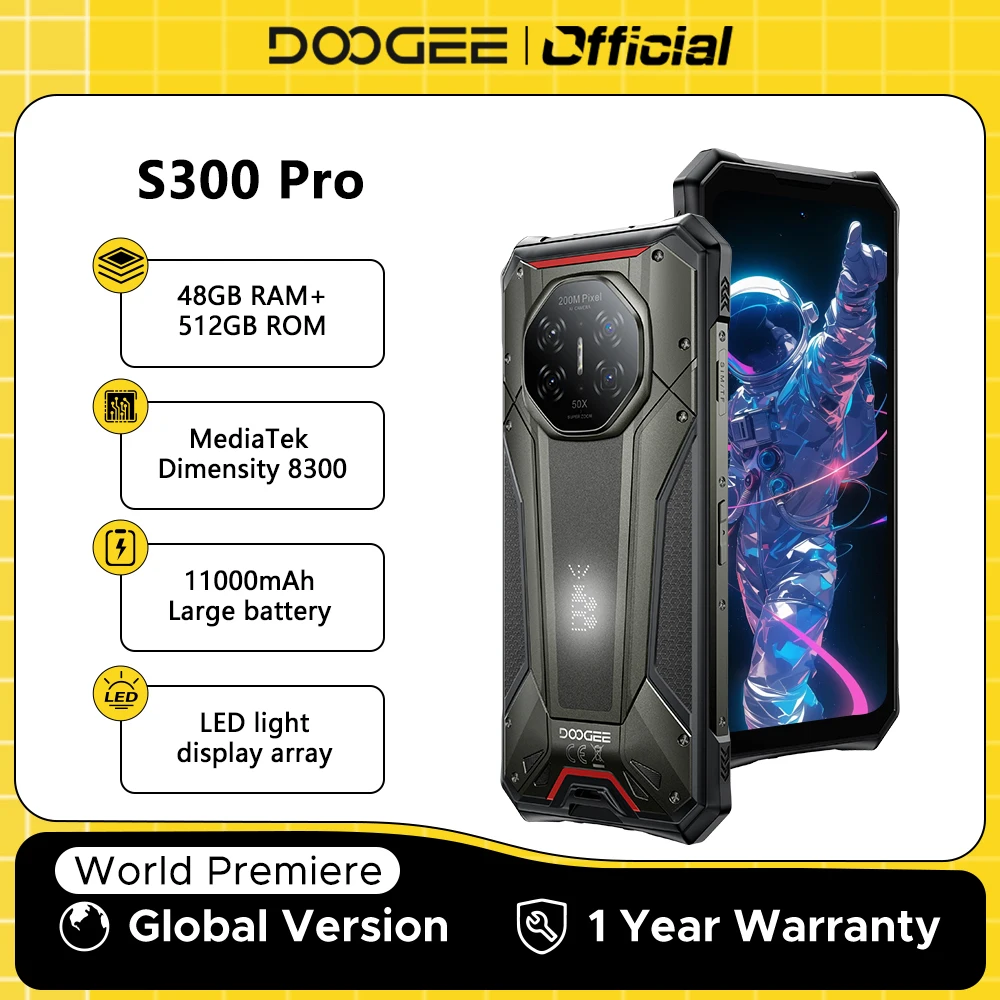 World Premiere DOOGEE S300 Pro Rugged Phone 48GB+512GB Dimensity 8300 6.78" FHD+ 11000mAh Battery 66W 200MP Camera Android 16