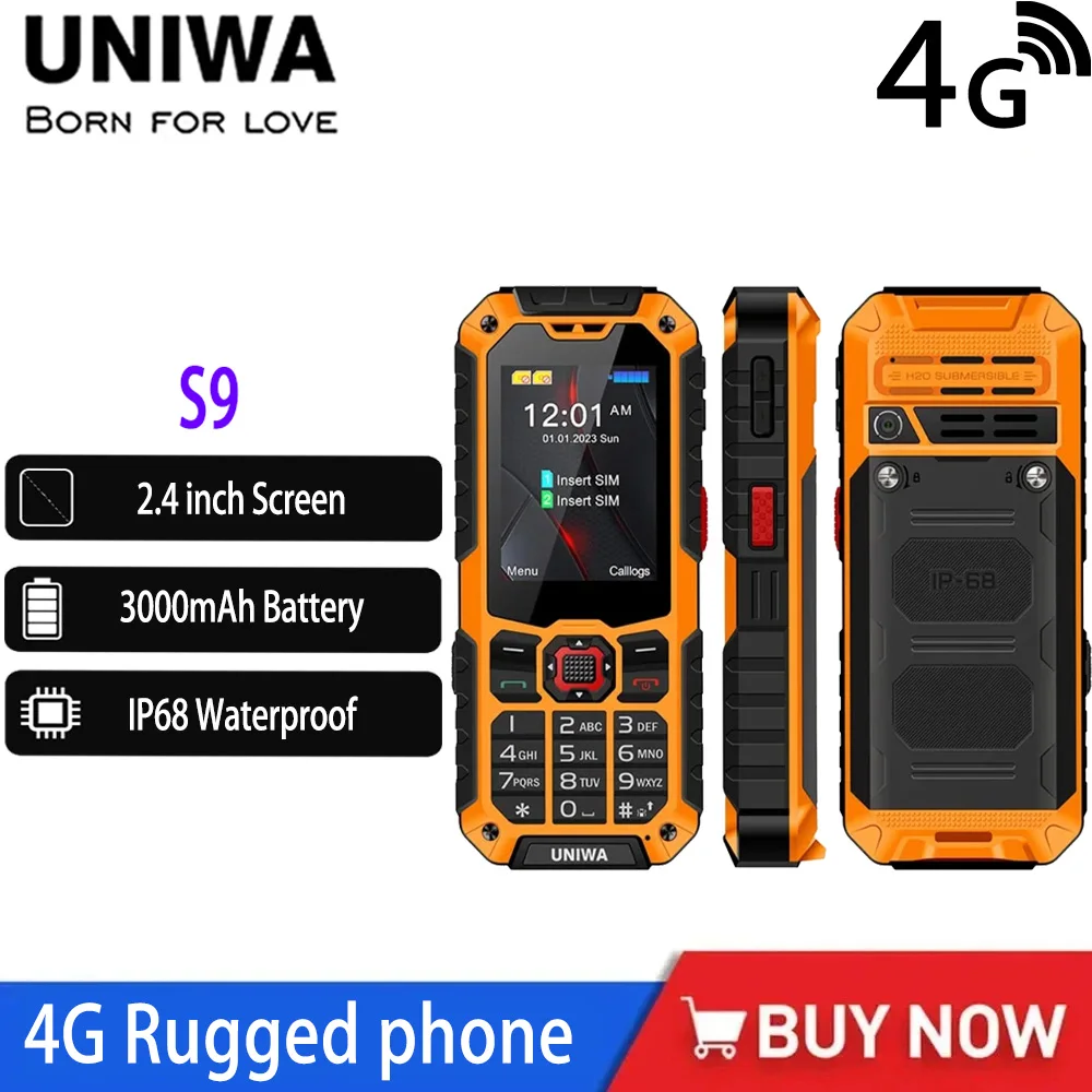 UNIWA S9 4G Feature Phone 2.4 IP68 Waterproof SOS Button Big Loudspeaker LED Light 3000mAh Rugged Cost-effective Mobile Phones