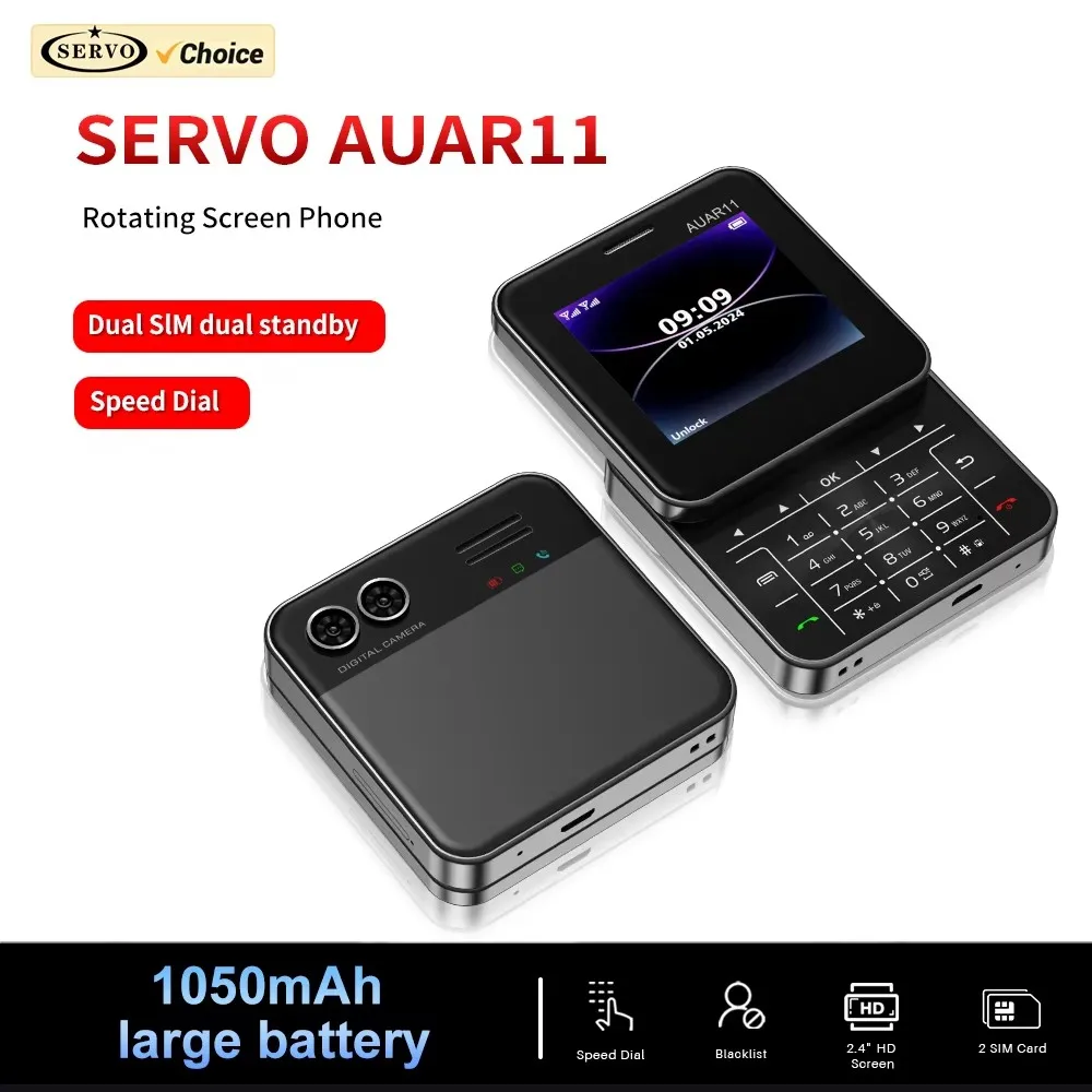 SERVO AUAR11 Rotating Mobile Phone 2.4" Slide Screen 2 SIM Stadby Flashlight Speed Dial Magic Voice FM 2G Button Small Cellphone SERVO AUAR11 Rotating Mobile Phone 2.4" Slide Screen 2 SIM Stadby Flashlight Speed Dial Magic Voice FM 2G Button Small Cellphone