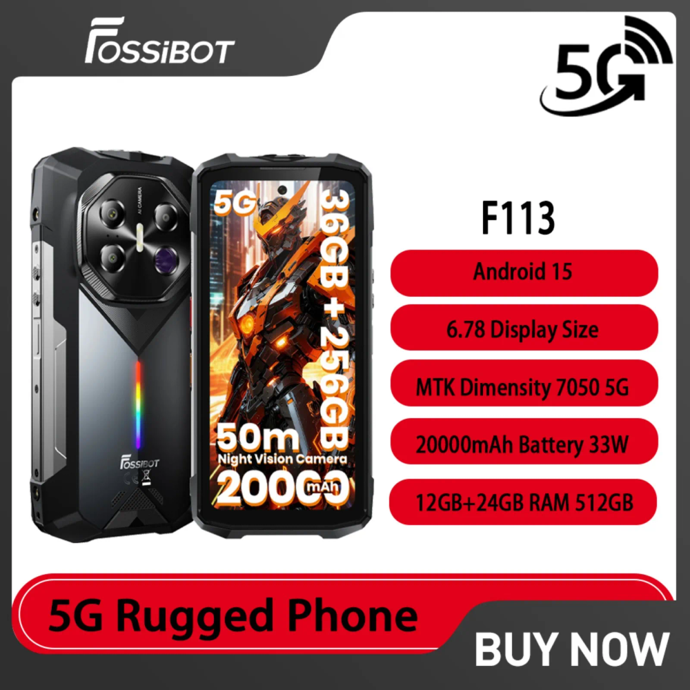 2026 FOSSiBOT F113 5G Rugged Phone Android 15 6.78 Inch RAM12GB+24GB ROM256GB 20000mAh 33W 108MP Camping Light NFC Mobile Phone 2026 FOSSiBOT F113 5G Rugged Phone Android 15 6.78 Inch RAM12GB+24GB ROM256GB 20000mAh 33W 108MP Camping Light NFC Mobile Phone