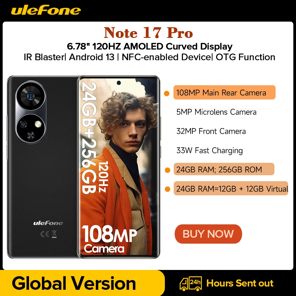Ulefone Note 17 Pro Smartphone 6.78" 120HZ AMOLED Curved Display 24GB+256GB 108MP Camera Android 13 5050mAh Global