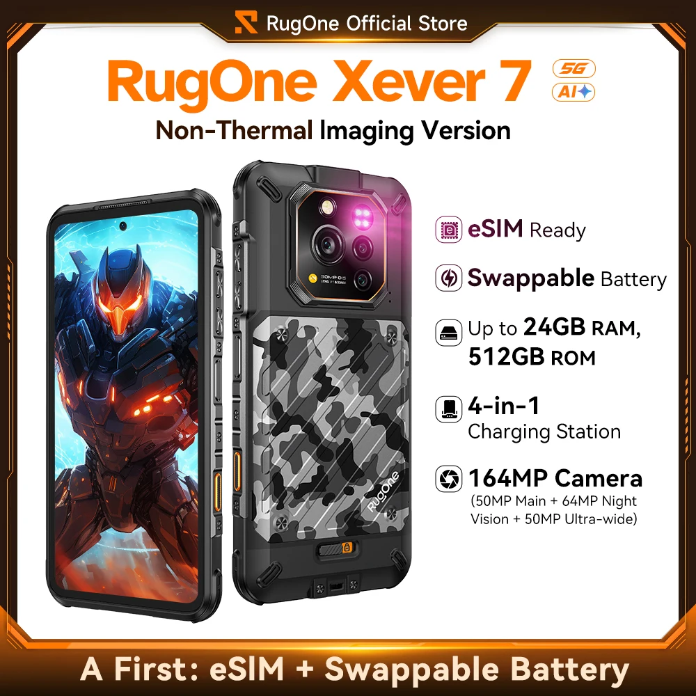RugOne Xever 7 5G Rugged Phone Android 15 Smartphone 512GB ROM 12+12GB RAM 6.67" 120Hz AMOLED NFC 5500mAh Swappable Battery