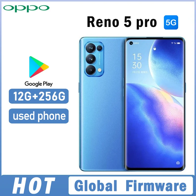 Global firmware OPPO Reno 5 pro 5G smartphone 12GB 256GB 6.55" 64MP Quadruple camera Dimensity 1000+ used phone