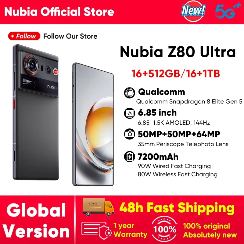 Official nubia Z80 Ultra 5G Smartphone Global Version Snapdragon 8 Elite Gen 5 7200mAh 6.85'' 144Hz Oled Display 90W Fast Charg Official nubia Z80 Ultra 5G Smartphone Global Version Snapdragon 8 Elite Gen 5 7200mAh 6.85'' 144Hz Oled Display 90W Fast Charg