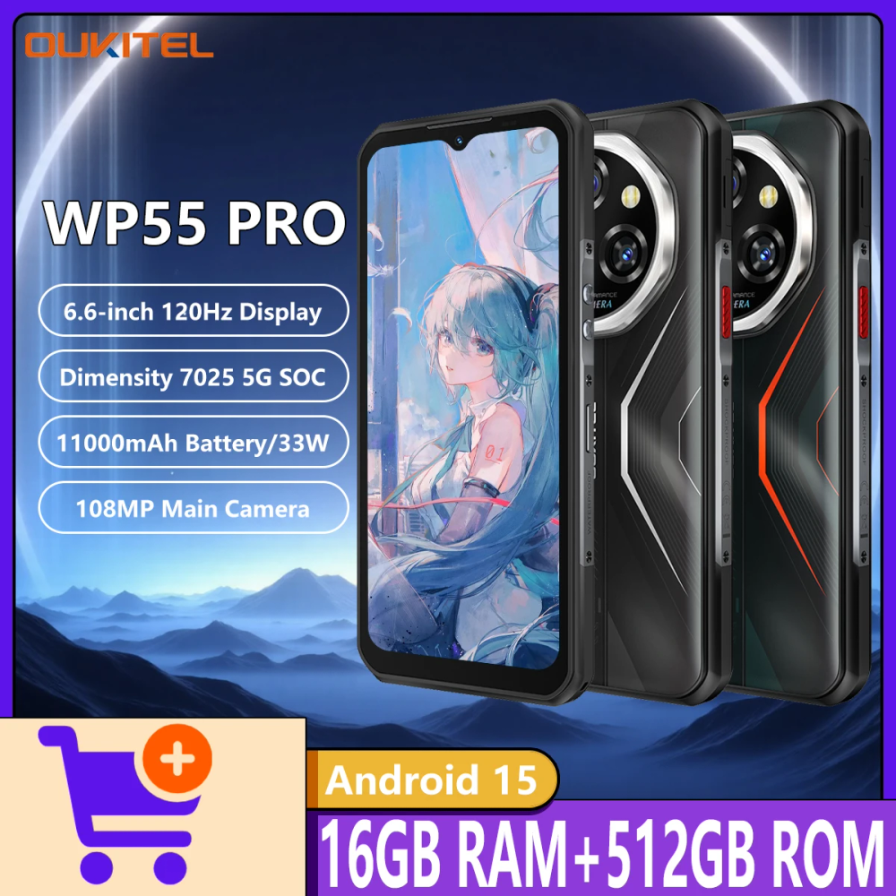 Oukitel WP55 Pro 5G Rugged Smartphone Dimensity 7025 5G 16GB+512GB 11000mAh 33W 108MP 6.6" FHD 120Hz Android 15 Mobile Phone Oukitel WP55 Pro 5G Rugged Smartphone Dimensity 7025 5G 16GB+512GB 11000mAh 33W 108MP 6.6" FHD 120Hz Android 15 Mobile Phone