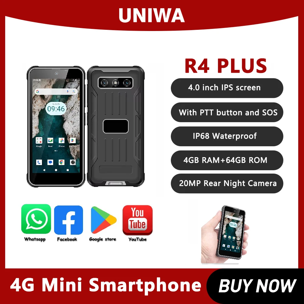 UNIWA R4-Plus Mini Smartphone Android 14 4GB RAM+64GB ROM 4 Inch NFC Mini Rugged Phone with Night Vision Camera 3000mAh OTG PTT