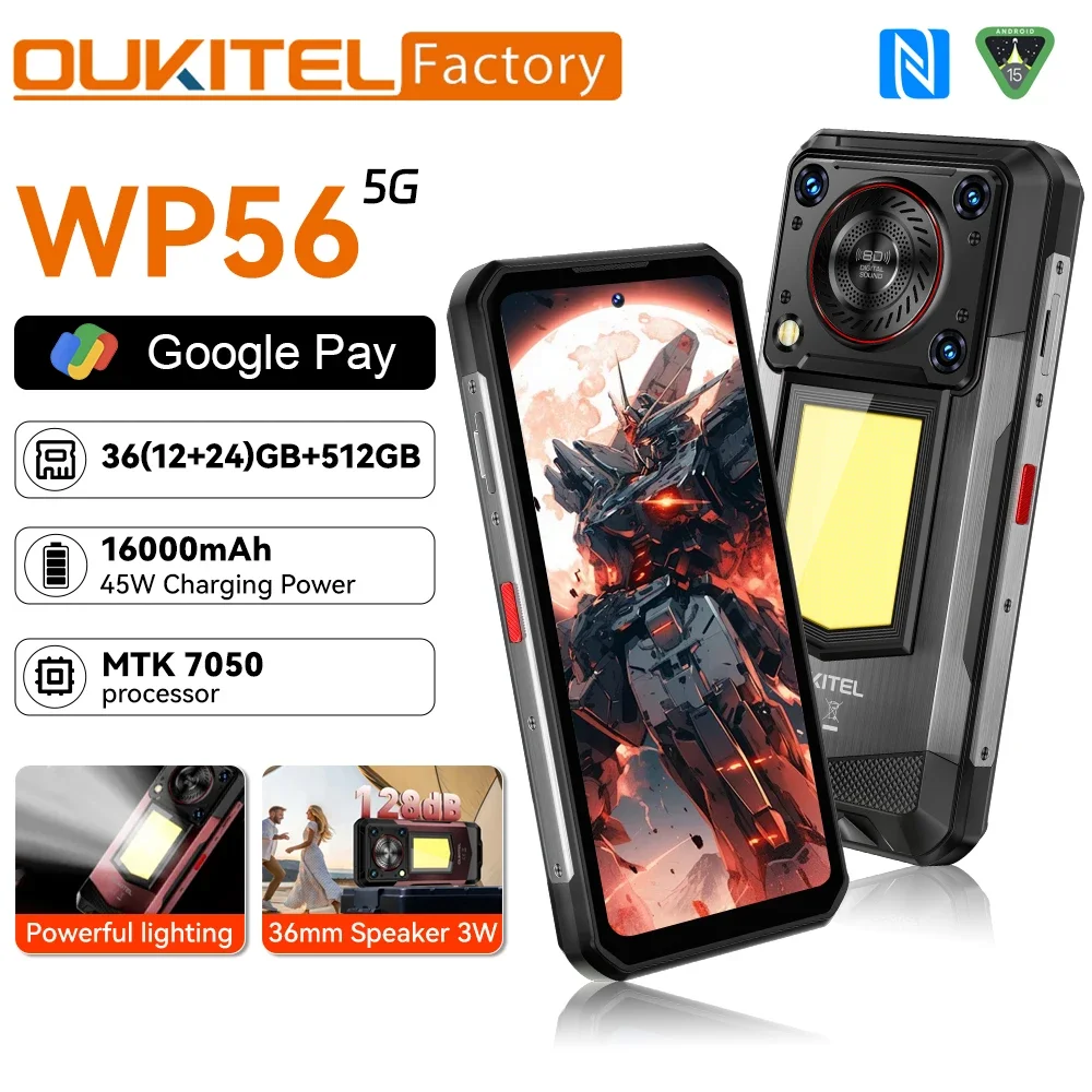 Global version OUKITEL WP56 Smartphone 5G MTK7050 6.8FHD 120Hz Display Mobile Phone 36GB+512GB 16000mAh 45W 32MP+108MP Camera