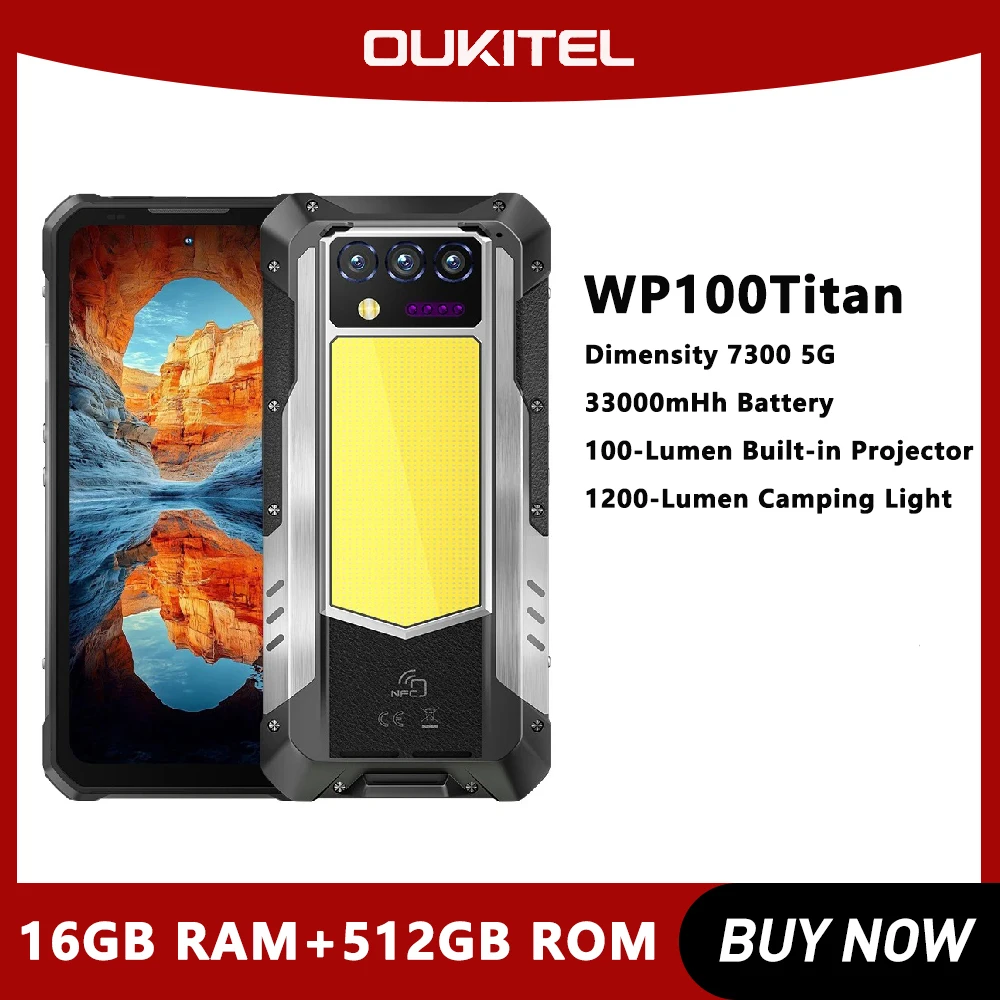 Oukitel WP100 TITAN Rugged Smartphone Built-in Projector 33000mAh Dimensity 7300 5G 1200-Lumen Camping Light 200MP Camera NFC