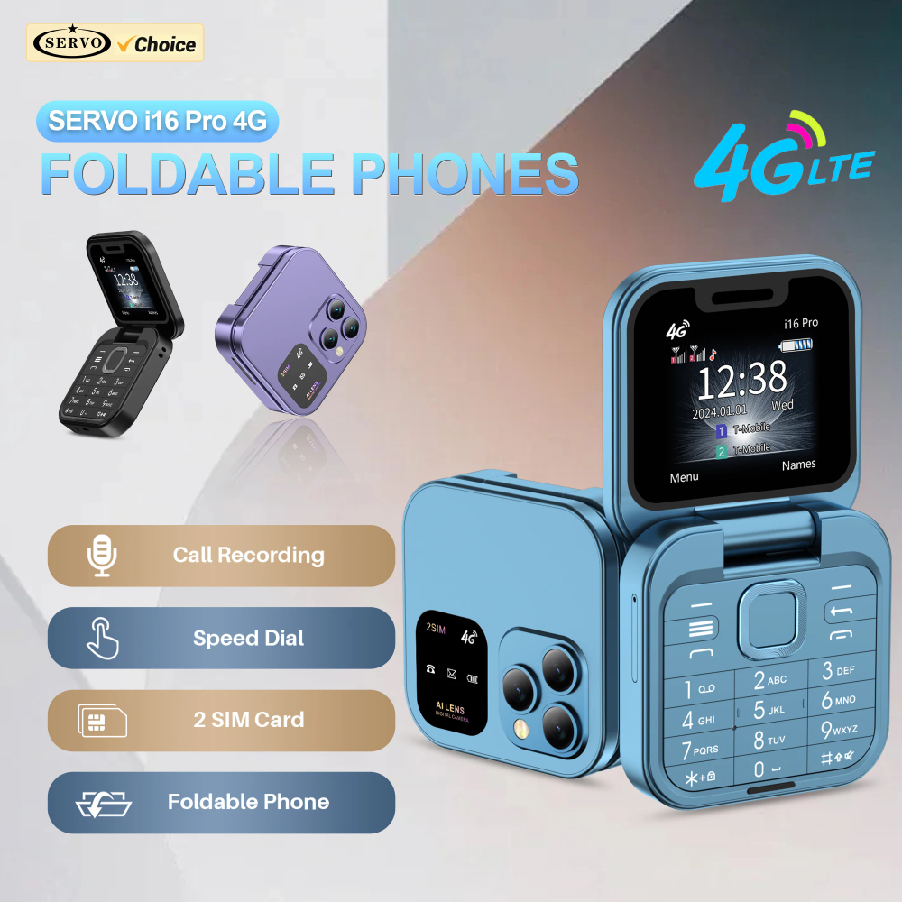 SERVO i16 PRO Mini Flip Mobile Phone 4G LTE Call Recording Speed Dial FM Radio Dual SIM Standby Flashlight Foldable Cellphones