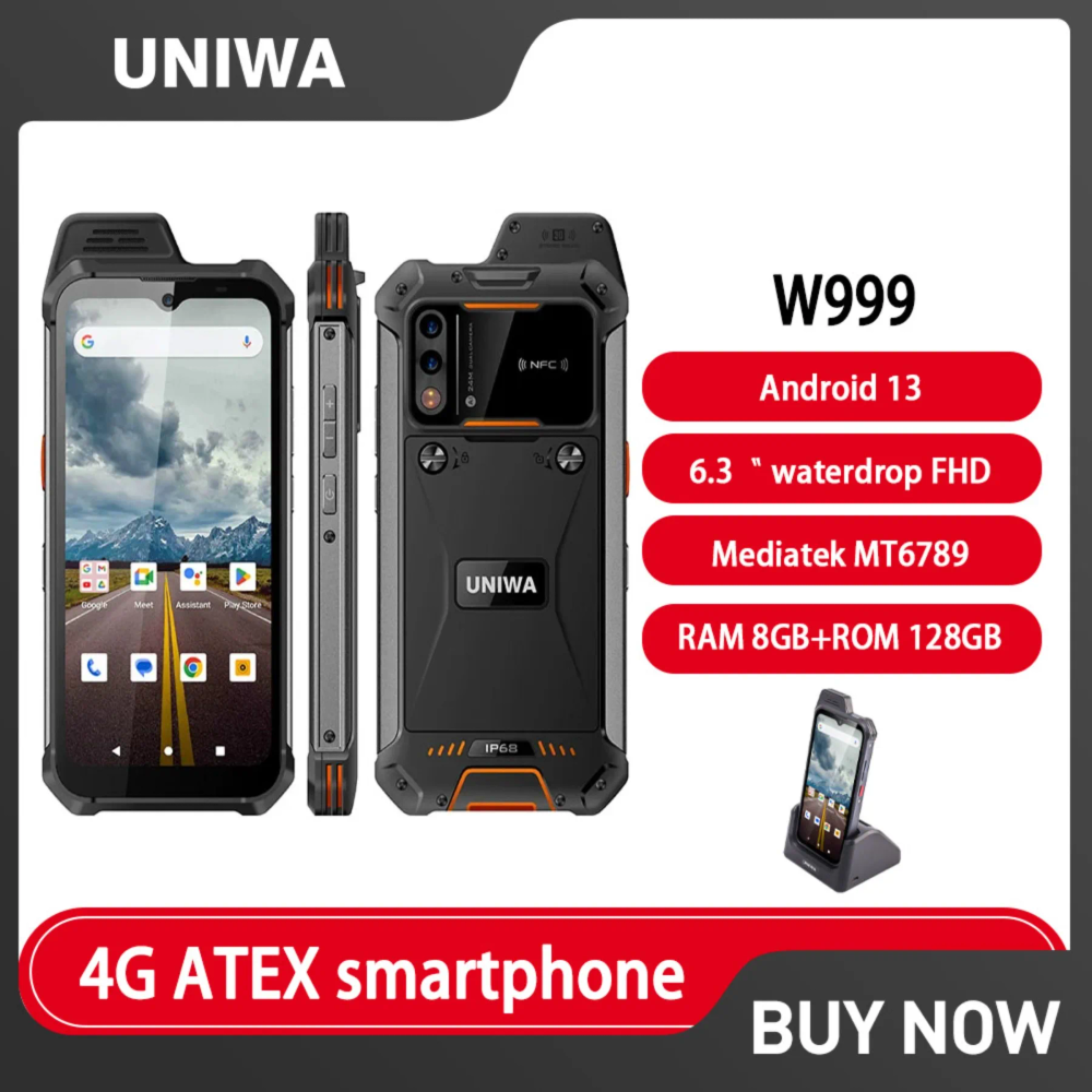 UNIWA W999 ATEX Explosion Rugged Smartphone Waterproof Walkie Talkie Helio G99 8GB+128GB 6.3 FHD 4400mAh Andriod 13 Cell Phone