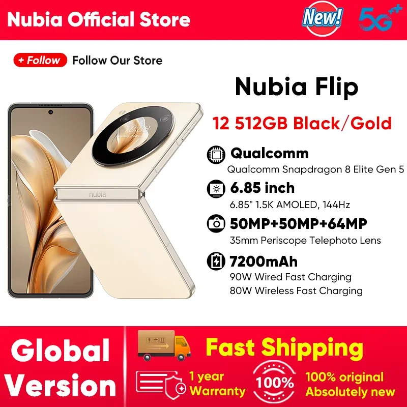 Nubia Flip Global Version 33W Fast Charging Snapdragon 7 Gen1 6.9 FHD+ 120Hz OLED Foldable Display 4310mAh Batte 5G Smartphone