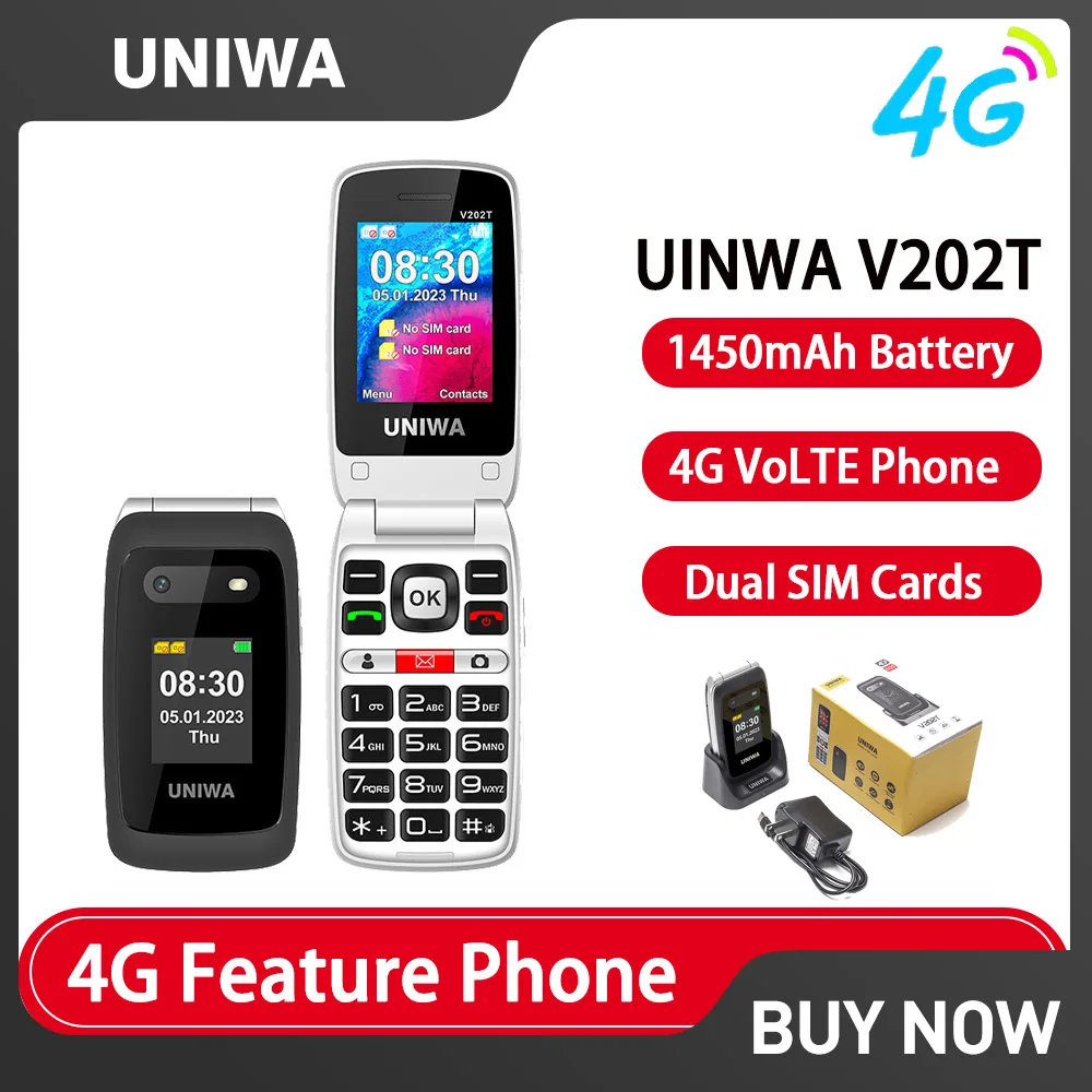 UNIWA V202T 4G VoLTE Phone Double Screen Dual SIM Cards 1450mAh SOS Button Flip Phones Support Russian keyboard Multi-language