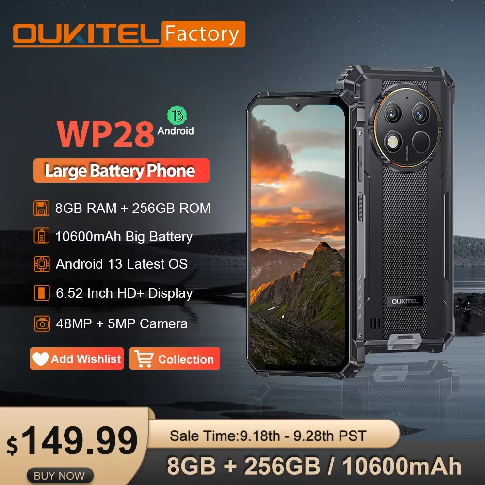 Global version OUKITEL WP28 Rugged Smartphone Android13 6.52 Display Mobile Phone 8GB+256GB 10600mAh 48MP Camera NFC Cellphones
