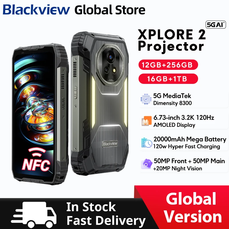 Blackview XPLORE 2 Projector 5G AI RuggedPhone MediaTek Dimensity 8300 6.73 3.2K AMOLED Display 20000mAh 120W Charger Cellphon