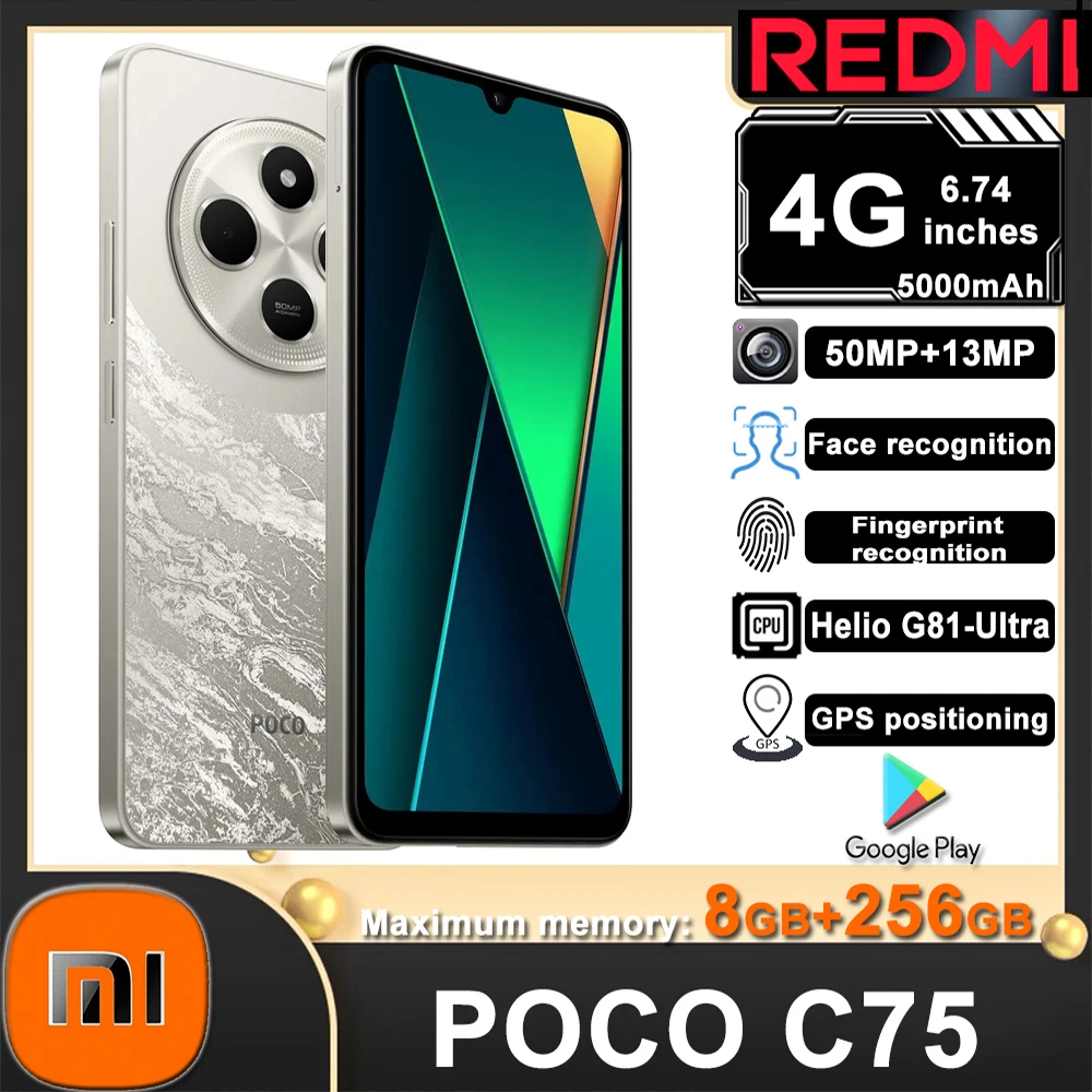 Original Xiaomi POCO C75 Fashion Smart Phone 4g 8 Million Front Camera Selfie Lens 8GB+256GB 5000mah Music Phone Smartphone Original Xiaomi POCO C75 Fashion Smart Phone 4g 8 Million Front Camera Selfie Lens 8GB+256GB 5000mah Music Phone Smartphone