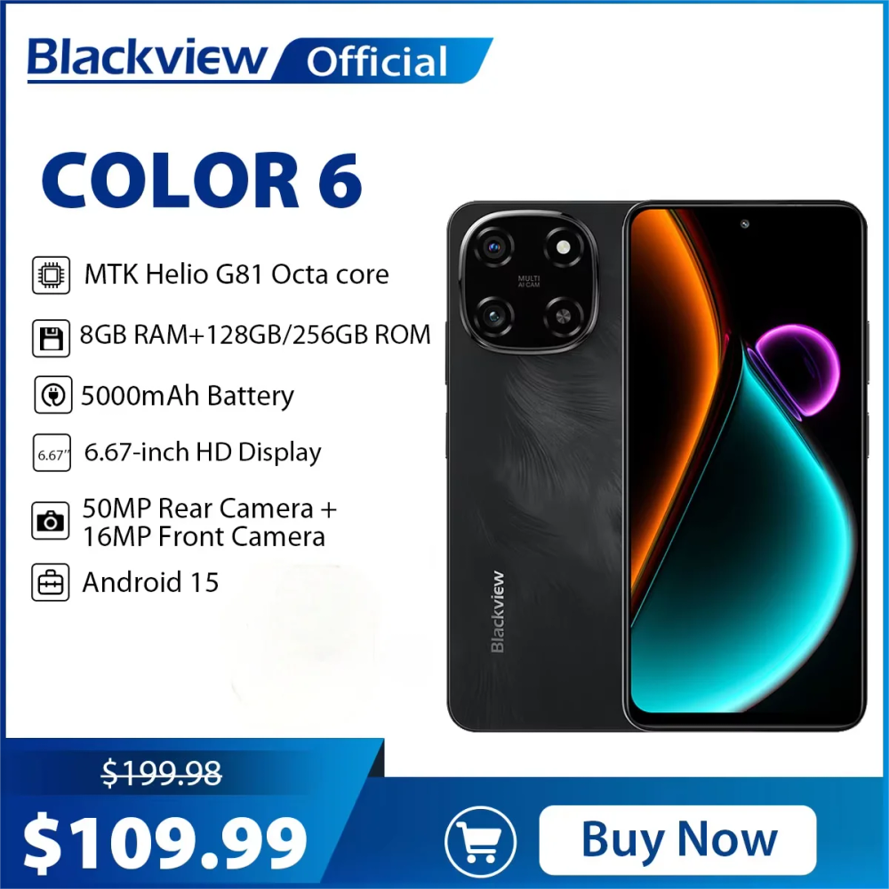 Blackview COLOR 6 Smartphone 6.67inch Display MTK G81 8GB RAM 128GB/256GB ROM 50MP Camera 5000mAh Battery Android 15 Cellphone