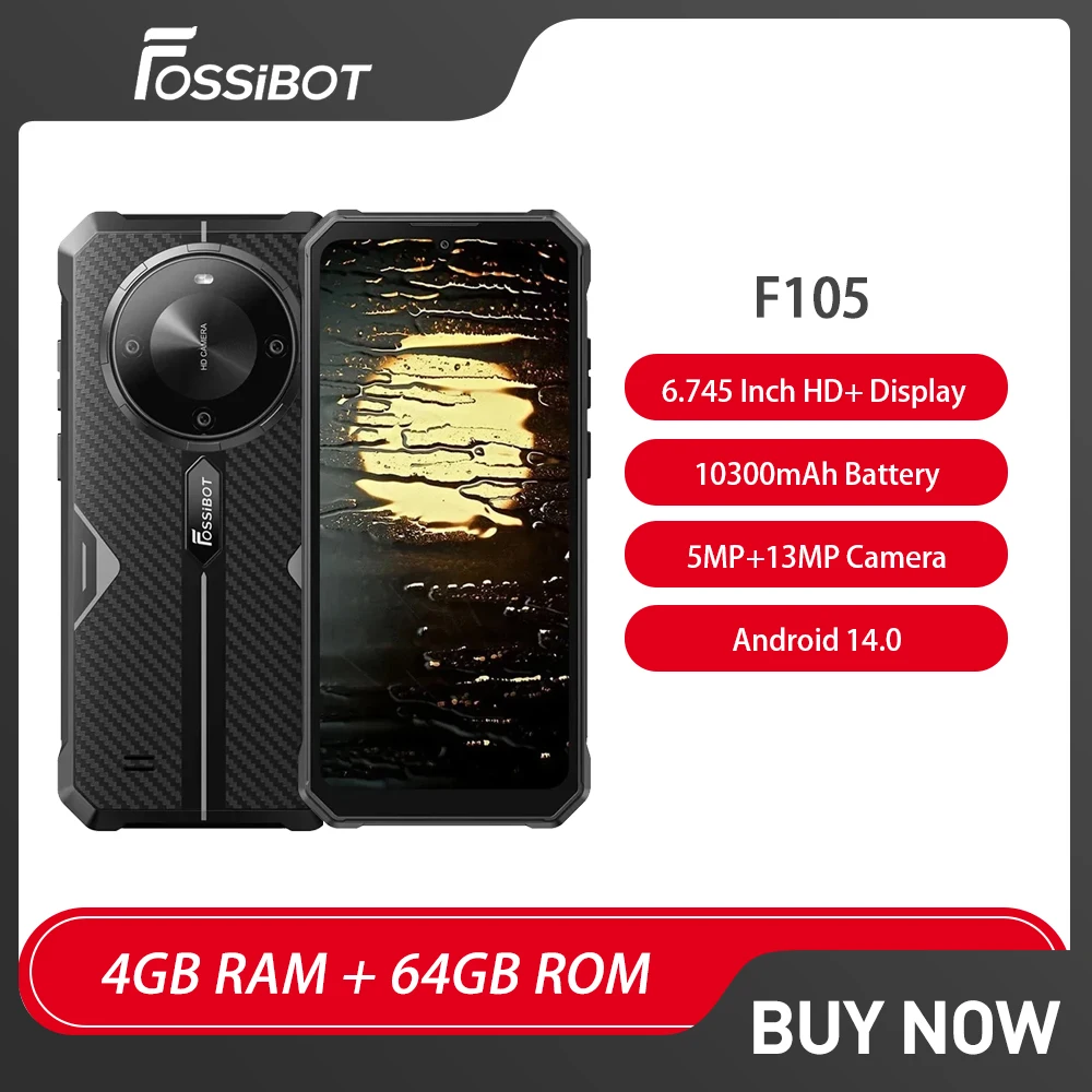 FOSSiBOT F105 Rugged Phone Smartphone Android 14 6.74" HD+ Octa-core 4GB+64GB 10300mAh Mobile Phone 20 MP Face ID Cell Phone NFC