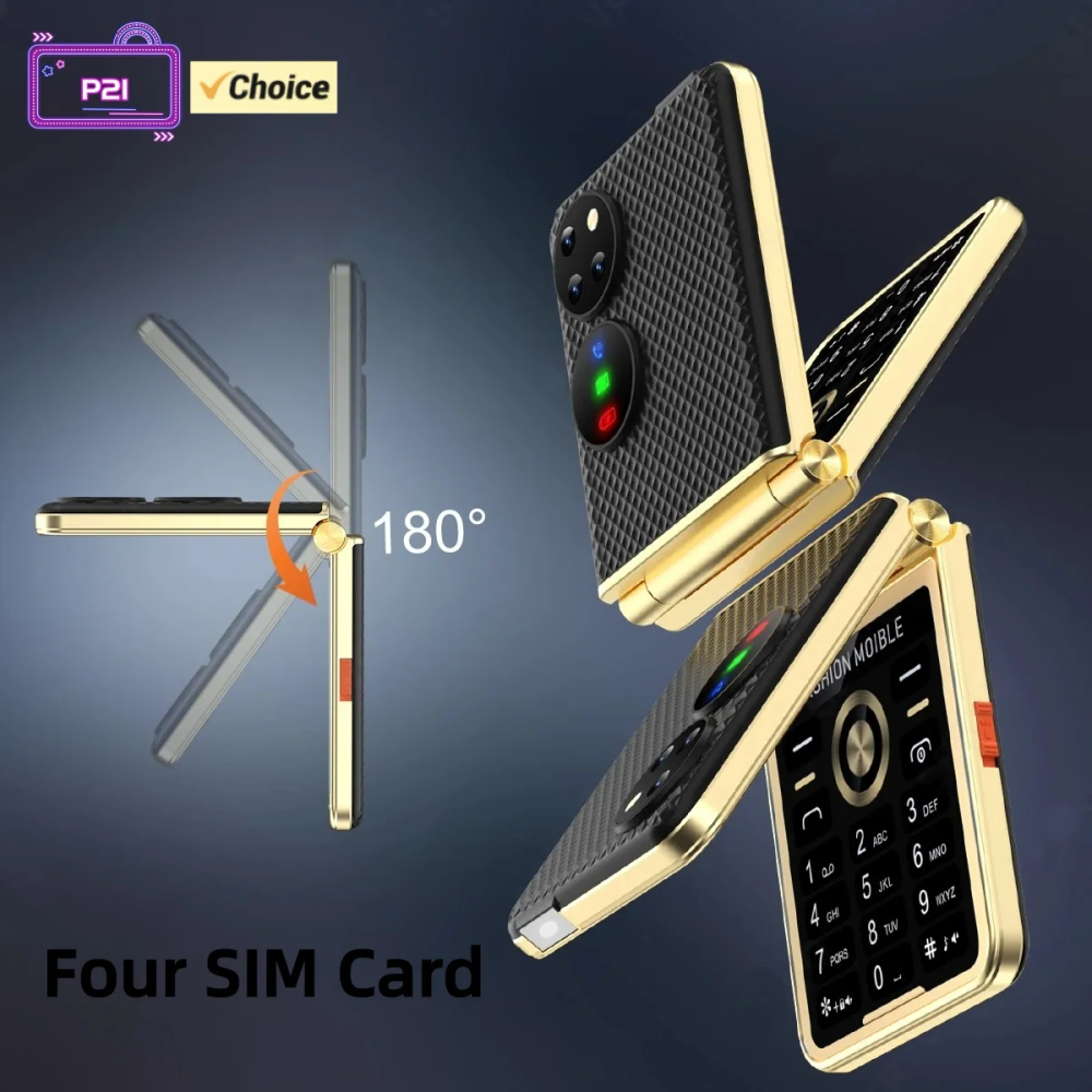 P21 Flip Phone 2.4inches Four SIM Card LED Flashlight Magic Voice FM Radio Big Buttons Ultra Thin 2G Mobile Phone