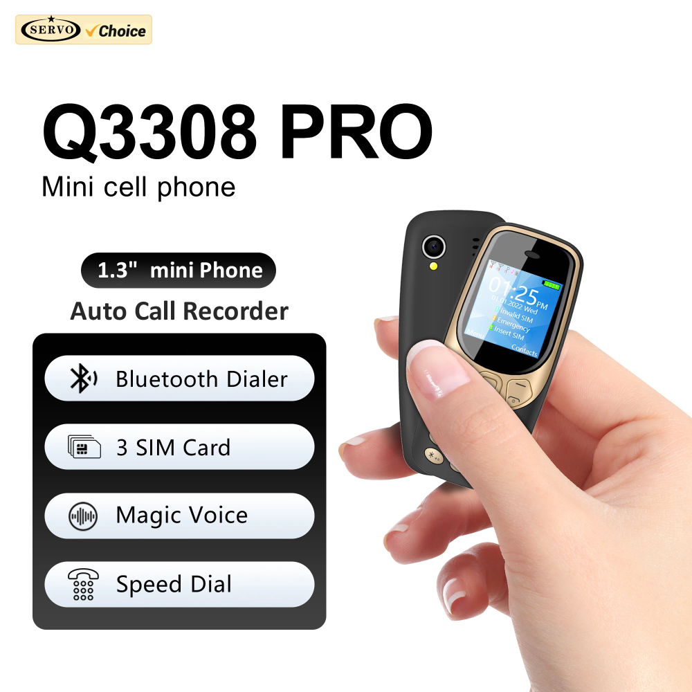 SERVO Q3308 PRO 3 SIM Mini Mobile Phone 2G GSM Magic Voice Bluetooth Dialer Speed Dial Call Recording Super Small Button Phones SERVO Q3308 PRO 3 SIM Mini Mobile Phone 2G GSM Magic Voice Bluetooth Dialer Speed Dial Call Recording Super Small Button Phones