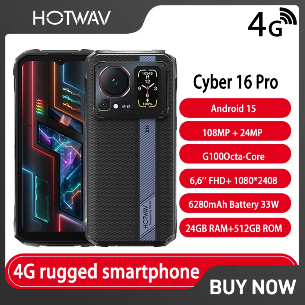 HOTWAV Cyber 16 Pro 4G 6.6 FHD 1.45 Secondary Screen" Rugged 6280mAh Battery 33W Helio G100 Android 15 8GB 512GB 108MP Phone
