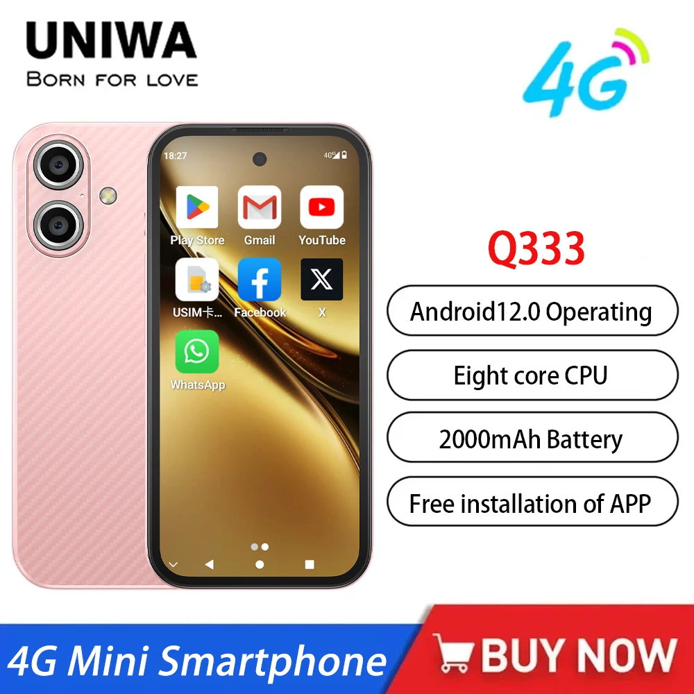 UNIWA Q333 3.58 Inch Mini Smartphone 4GB RAM 64GB ROM 4G Network Full Band 2000mAh Mobile Phone Google Play Store Face ID Small