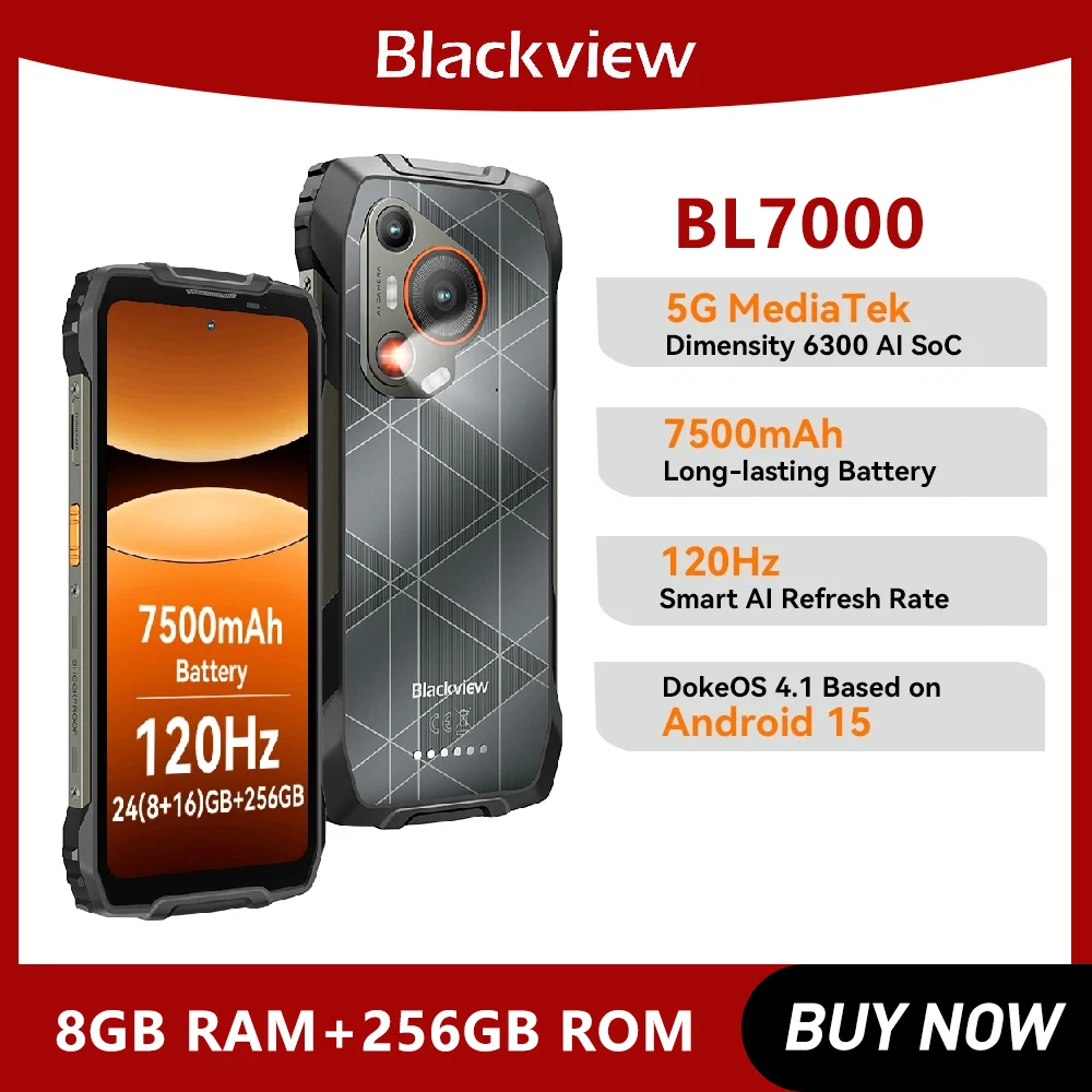 BLACKVIEW Rugged Smartphone BL7000 7500Amh 5G AI MTK 6300, 6.78" HD+2.4K Display 120Hz, 8GB + 256GB, Cerllphone Android 15