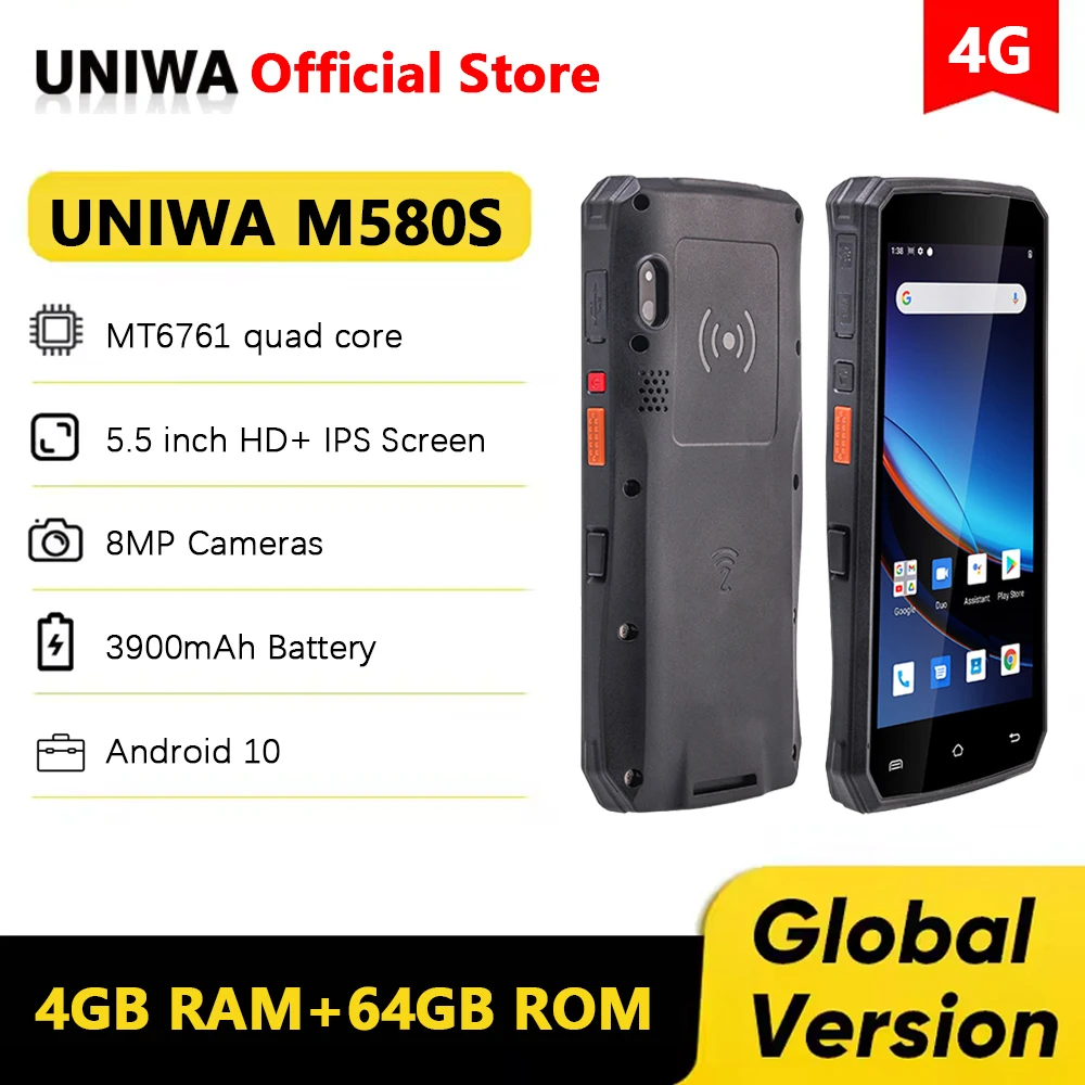 UNIWA M580S 4G PDA Industrial Android 10 4GB+64GB Handheld Terminal with 2D Barcode QR Scanner Data Collector 3900mAh Device NFC