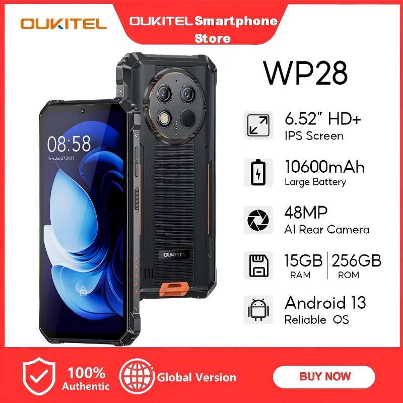 OUKITEL WP28 Rugged Smartphone, 15GB+256GB, 48MP Rear Camera cellphones, 10600mAh Battery, 6.52" Screen mobilephones, EU Plug