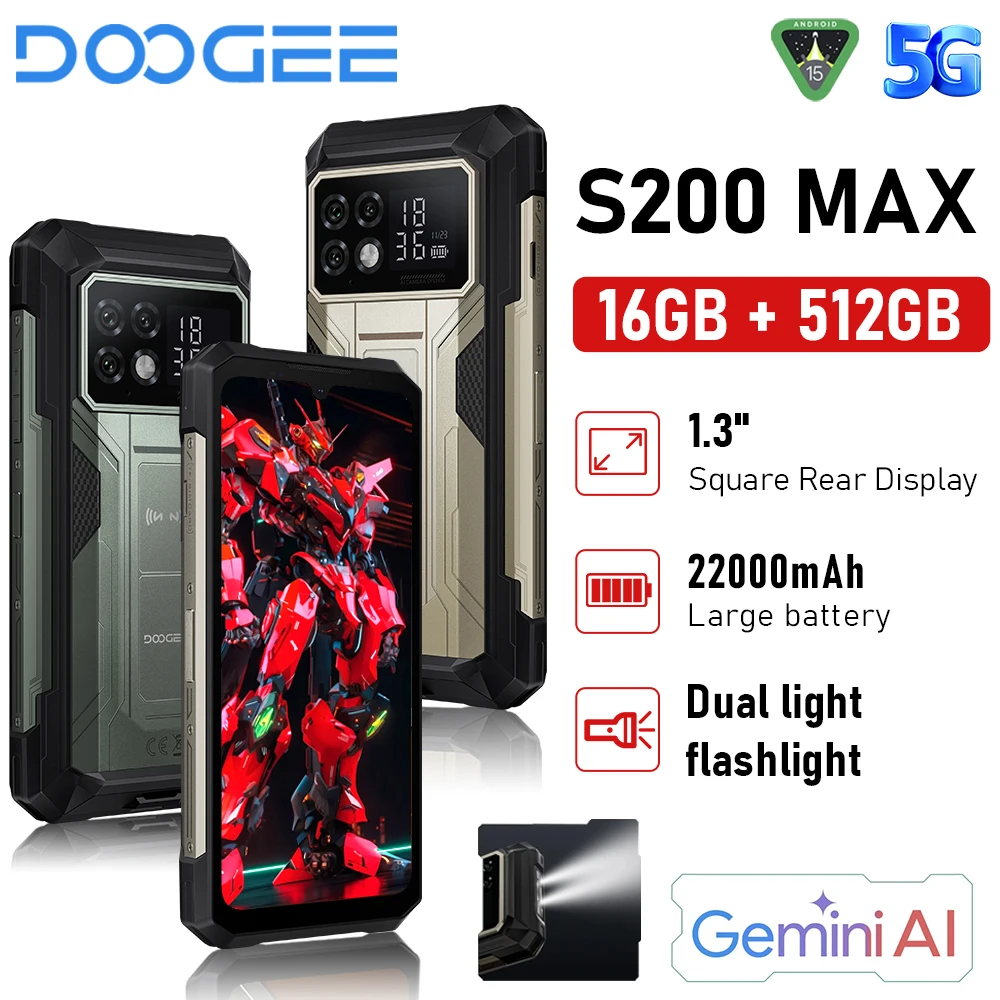 DOOGEE S200 Max Rugged Phone 6.72 120Hz 1.32" Rear Display Telephon Portable 36GB+512GB 22000mAh 66W Smartphone Android 15 NFC