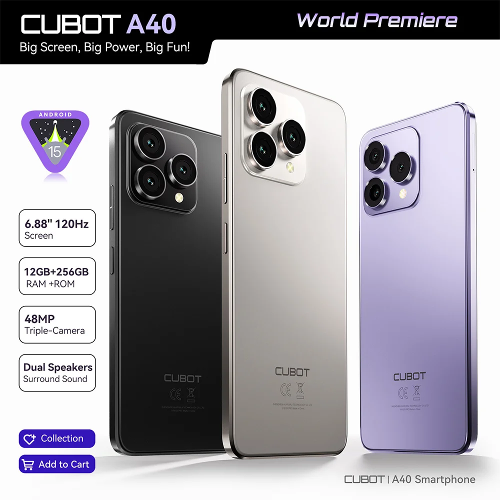 Cubot Smartphone Android 15 A40, 12GB RAM+256GB ROM, 6.88-Inch 120Hz Screen,Octa-core, 48MP Camera, 5100mAh Battery,NFC,Face ID Cubot Smartphone Android 15 A40, 12GB RAM+256GB ROM, 6.88-Inch 120Hz Screen,Octa-core, 48MP Camera, 5100mAh Battery,NFC,Face ID