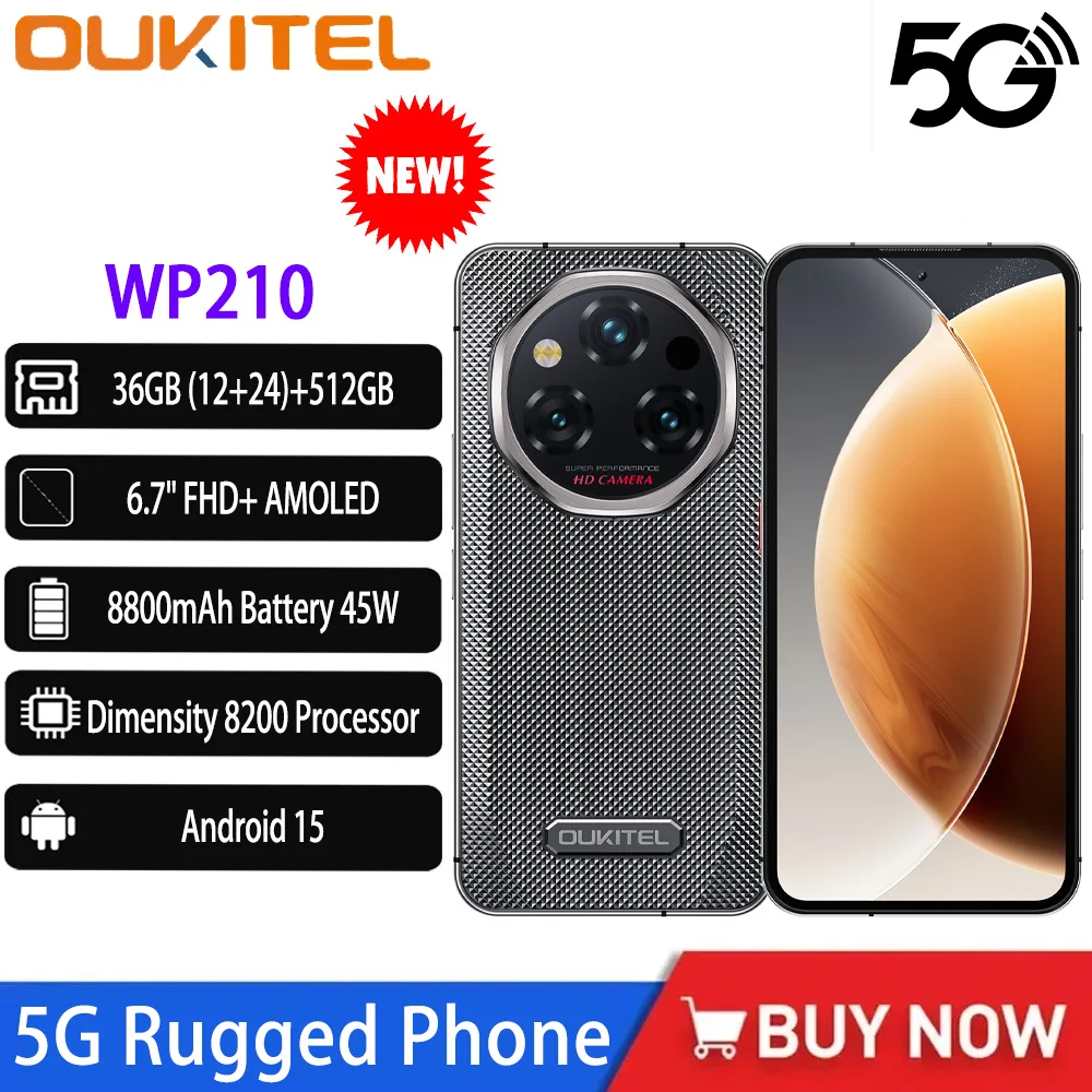 NEW OUKITEL WP210 Rugged Phone 6.7" MTK Dimensity 8200 NFC 36GB+512GB 8800mAh 45W 108MP Android15 5G WIFI6 120Hz IP68 Smartphone