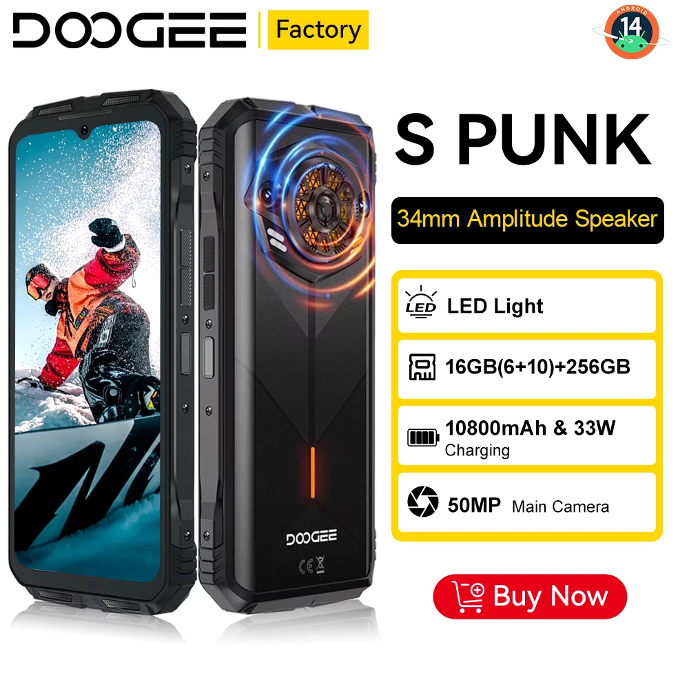 Global version DOOGEE S Punk Rugged Smartphone Android 14 6.58" FHD+90Hz IPS Screen 16GB(6+10)+ 256GB 10800mAh 50MP Mobile Phone