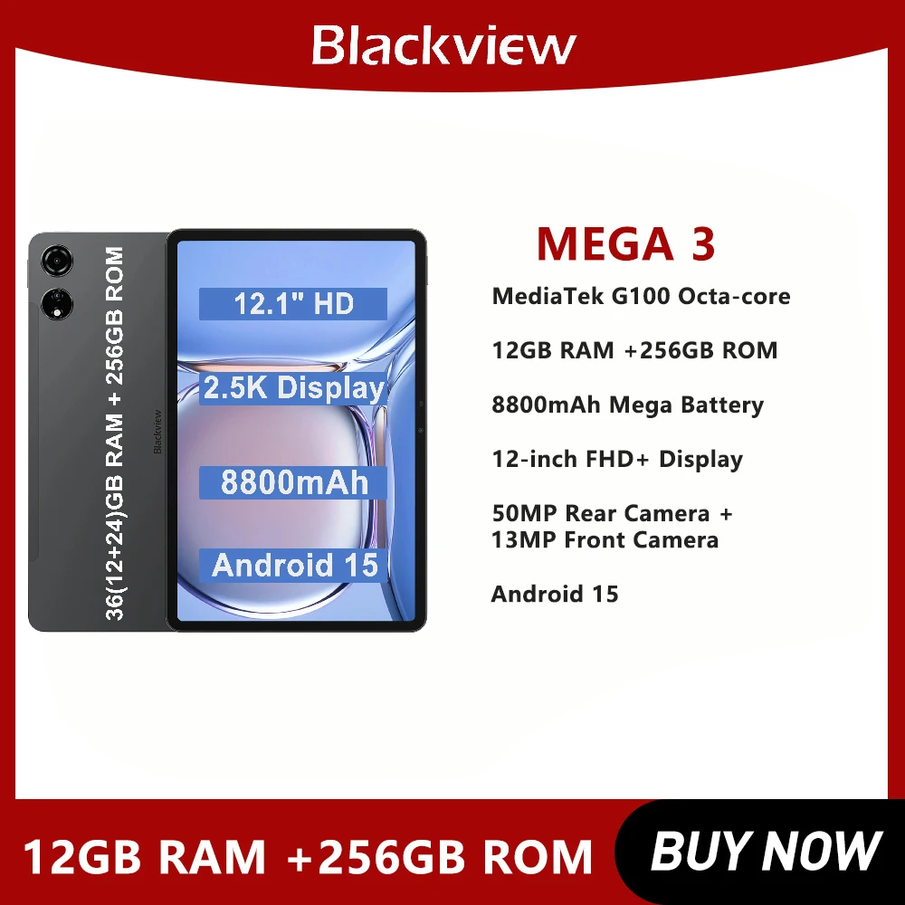 Blackview Tablet 12.1Inch 2.5K 90Hz Display 12GB 256GB 8800mAh Tablets PC Android 15 33W Fast Charging 50MP MEGA 3 Smart Pad