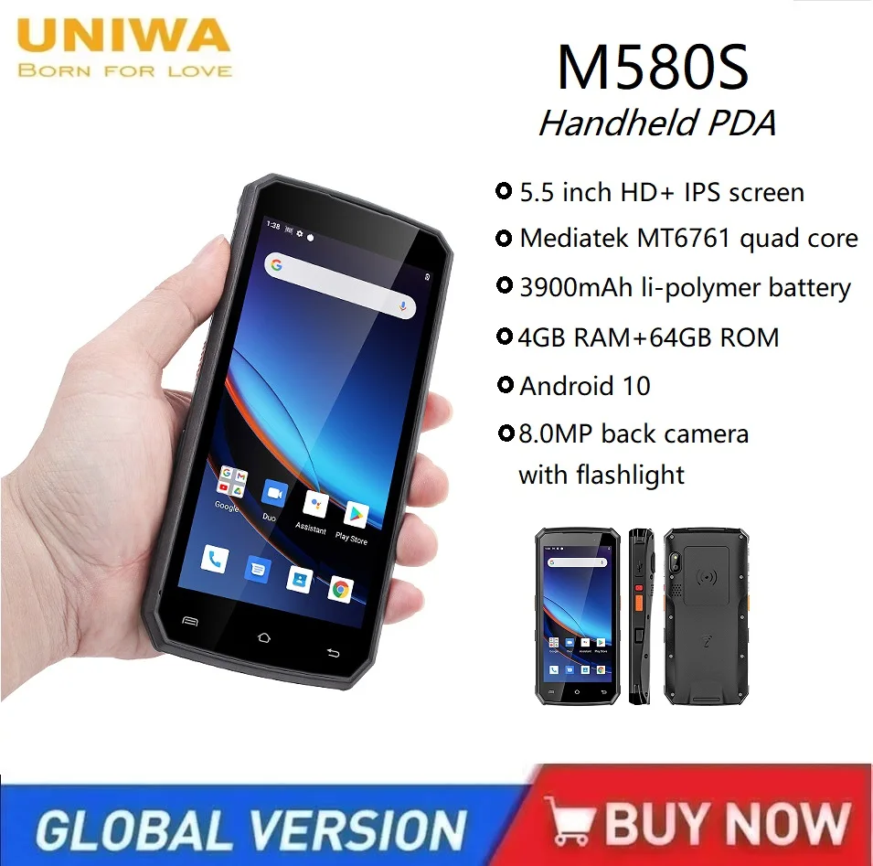 Uniwa M580S 4G Smartphones Android 10 PDA ,5.5Inch 4GB RAM+64GB ROM 3900mAh 8MP Waterpfoof Mobile Phone Terminal Device