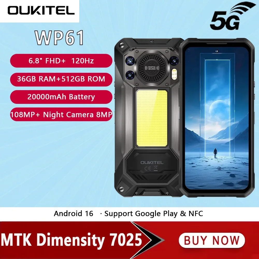 Global Version OUKITEL WP61 Rugged Smartphone 5G 6.8" FHD+ Medium Hole 120Hz 36GB+512GB 20000mAh 108MP Dimensity 7025 Android 16 Global Version OUKITEL WP61 Rugged Smartphone 5G 6.8" FHD+ Medium Hole 120Hz 36GB+512GB 20000mAh 108MP Dimensity 7025 Android 16