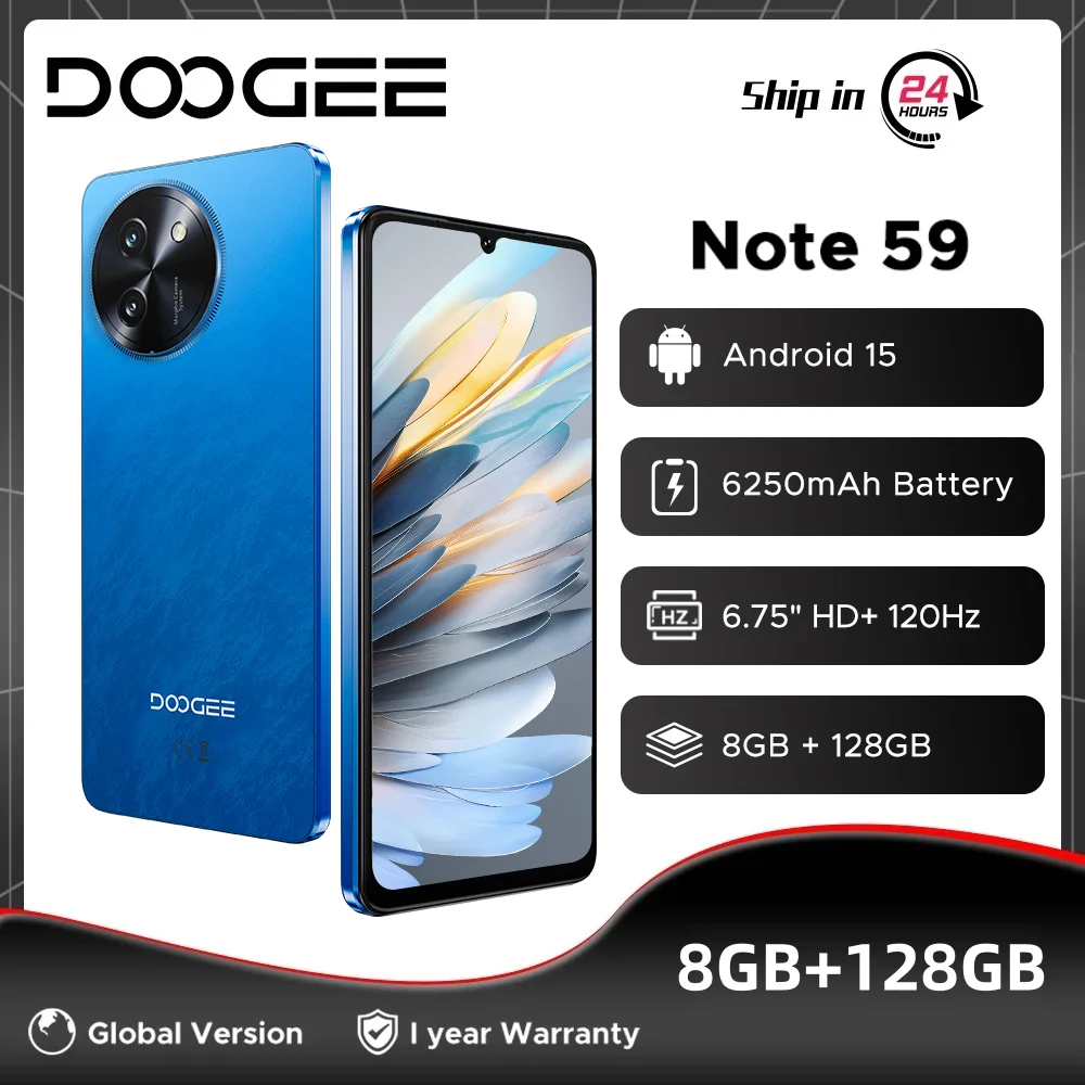 Global Version DOOGEE Note 59 5G Smartphone 8GB 128GB 6250mAh Large Battery 6.75" 120Hz UNISOC T8200 Octa Core Android 15 NFC Global Version DOOGEE Note 59 5G Smartphone 8GB 128GB 6250mAh Large Battery 6.75" 120Hz UNISOC T8200 Octa Core Android 15 NFC