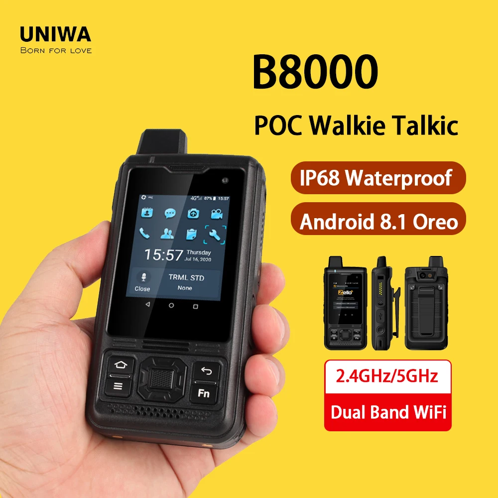 UNIWA B8000 Zello Walkie Talkie POC Phone IP68 Waterproof Smartphone Android 8.1 2.4Inch 4G LTE Quad Core 4000mAh Cellphones