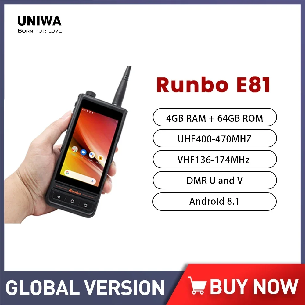 UNIWA Runbo E81 UHF VHF Walkie Talkie Rugged 4G Smartphone Android 8.1 Waterproof Digital Radio 13MP 2500mAh 4.0" Cellphone NFC