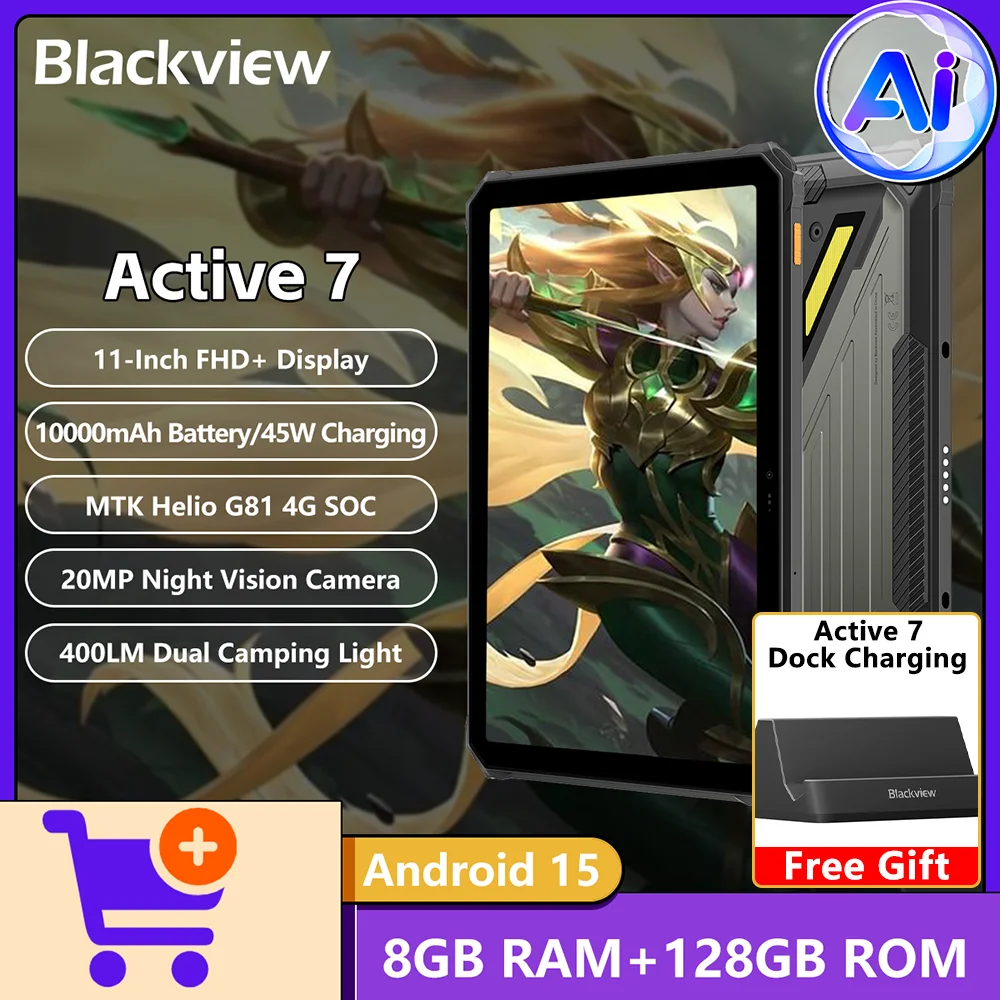 2025 NEW Blackview Active 7 Rugged Tablet 11-inch FHD Tablets 24GB(8+16)RAM+128GB ROM 10000mAh Smartphone Pad PC Android 15 NFC