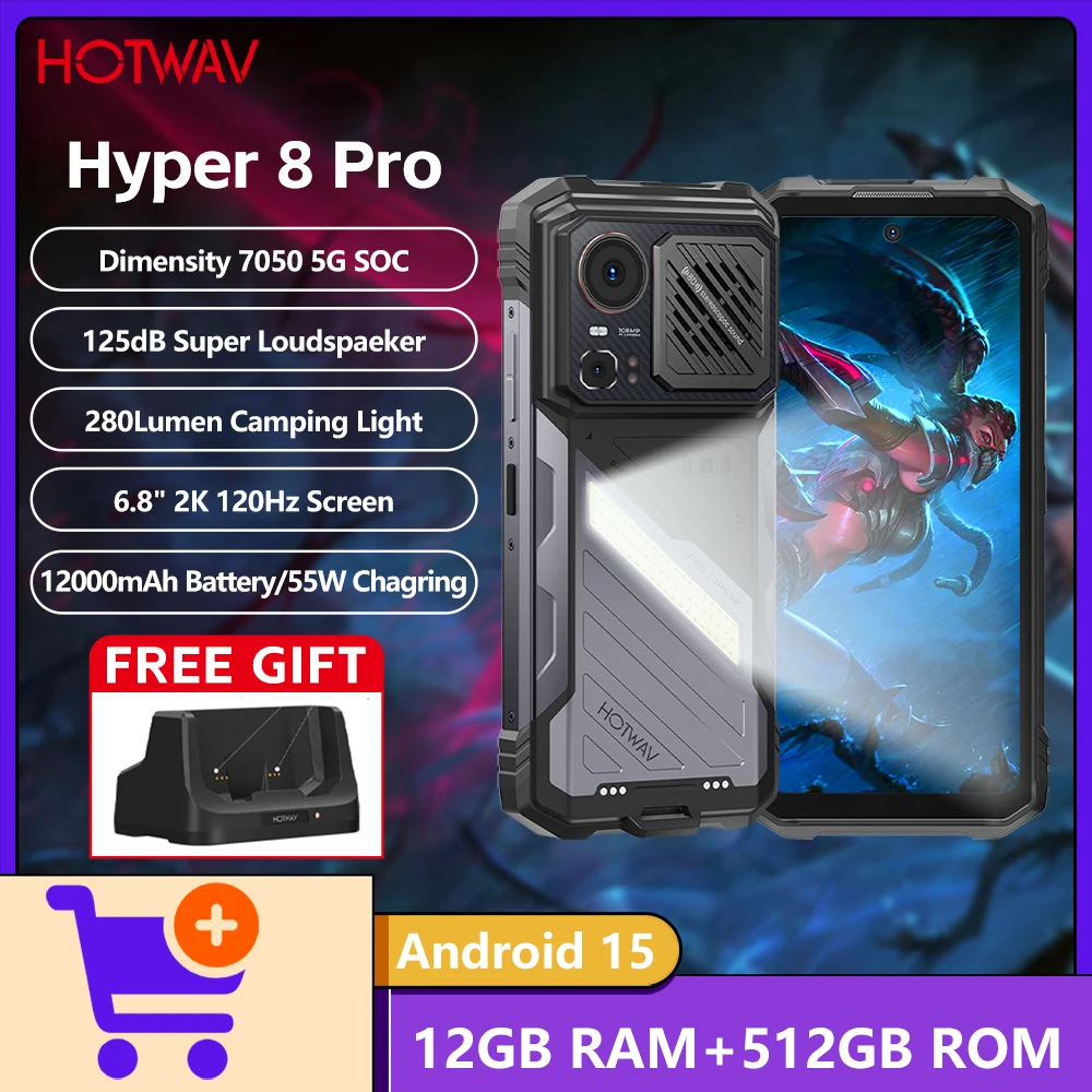 NEW HOTWAV Hyper 8 Pro 5G Rugged Phone 125dB Loudspeaker Dimensity 7050 5G 12GB+512GB 108MP Camera 12000mAh Battery 55W Android