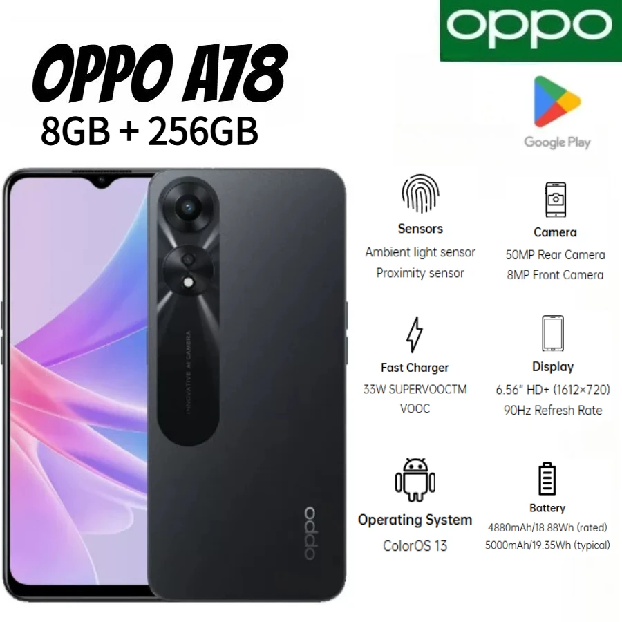 2026 Newest Model OPPO A78 8GB RAM 256GB Global Version Smartphone Dual Nano SIM 50MP AI Rear Camera Wi-Fi Bluetooth