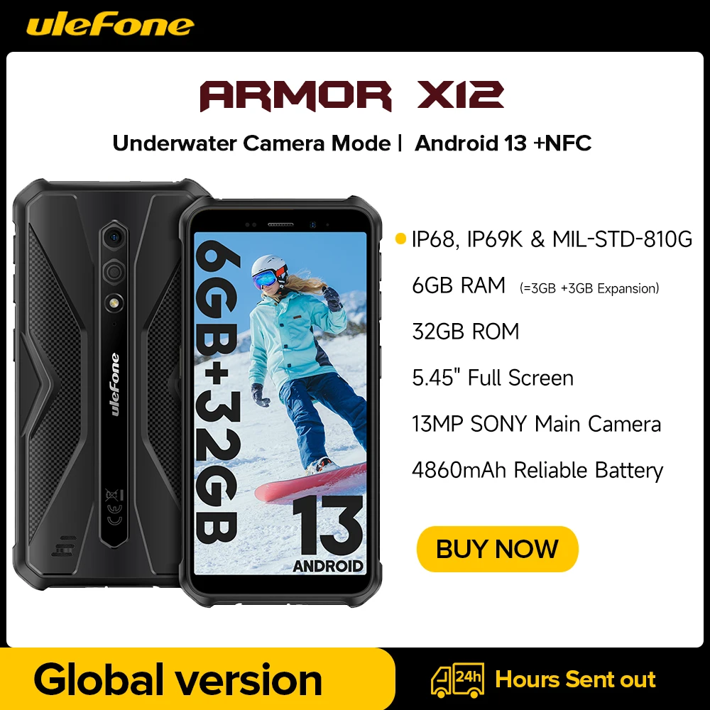 Ulefone Armor X12 Rugged Phone, Android 13 Smartphone, Up to 6GB RAM, 32GB ROM, 4860mAh, 13MP, 5.45", 4G, NFC, Global Phone