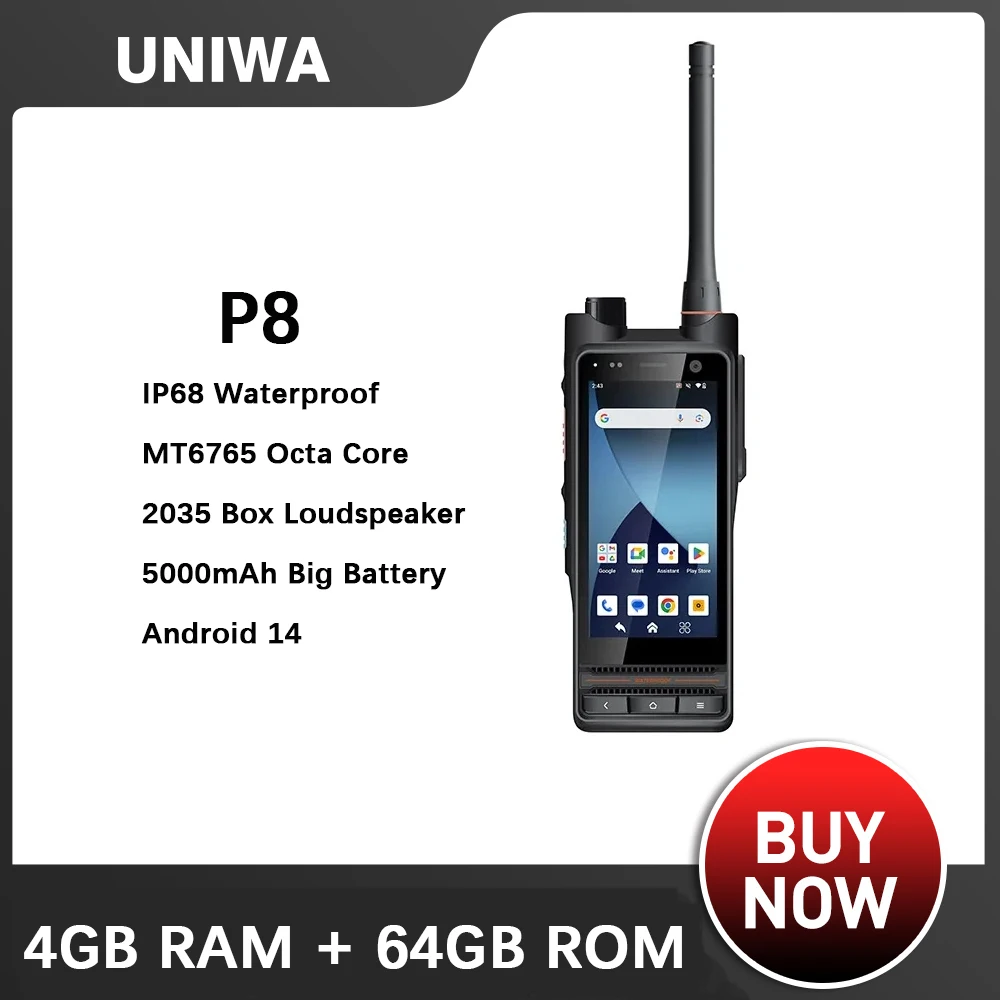 UNIWA Walkie Talkie P8 4W DMR/Analog Dual ModeTouch Screen Waterproof 5000mAh UHF Smart Zello Mobile Walkie Talkie Android 14