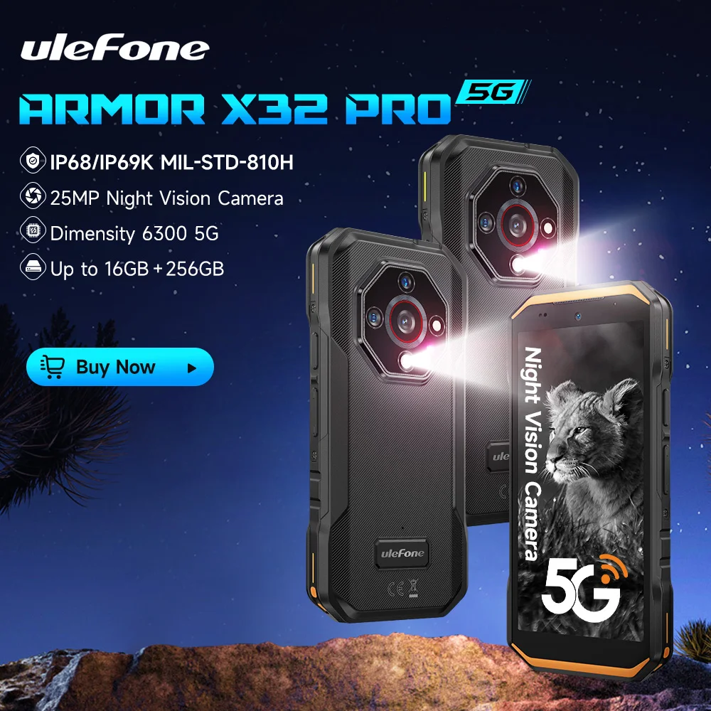 Ulefone Armor X32 Pro 5G Rugged Phone Android 15 Up to 16GB RAM 256GB ROM 25MP Night Vision 64MP Camera 5500mAh NFC Smartphone