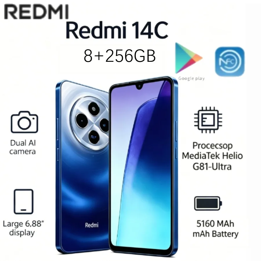 2026 (Latest Model) Redmi 14C Global Edition: 8+256GB storage, dual-camera system, 50-megapixel dual-camera setup, and 5160mAh b