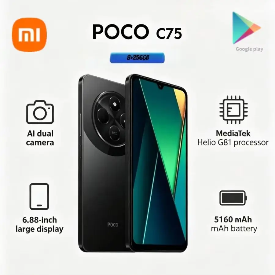 2026 New POCO C75 Global Edition Smartphone 6.88-inch Display 120Hz 50MP Camera 5160mAh Battery 18W Charging 8GB+256GB Storage