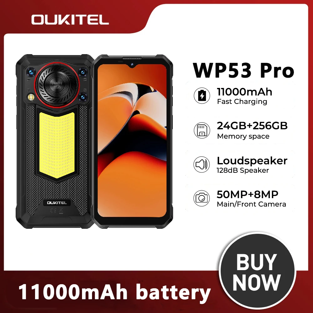 OUKITEL 4G Rugged Smartphone 6.52" 24GB+256GB WP53 PRO 11000mAh 18W Android 15 NFC 50MP 128dB Speaker 36mm Cell Mobile Phone